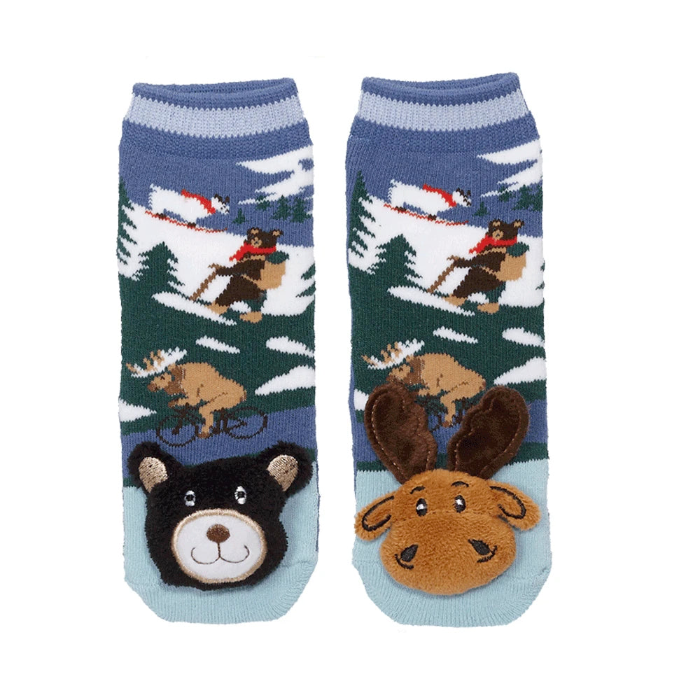 Messy Moose Socks, Mismatch Mountain Moose and Black Bear, 6 Pack Baby Blue Messy Moose Socks Slipper Socks
