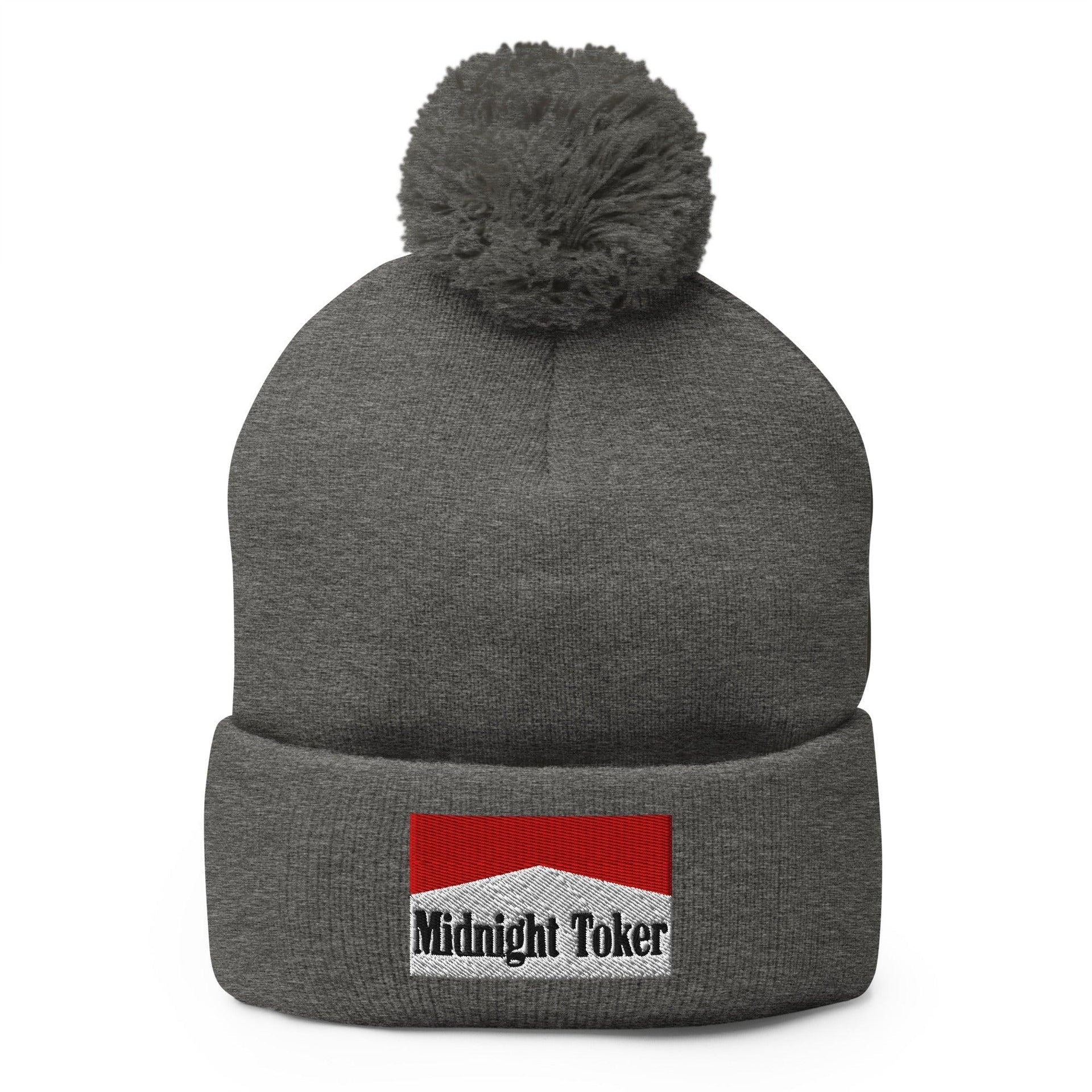Midnight Toker Embroidered Knit Pom Pom Beanie Dark Heather Grey Beanies Capital Crowns Funny