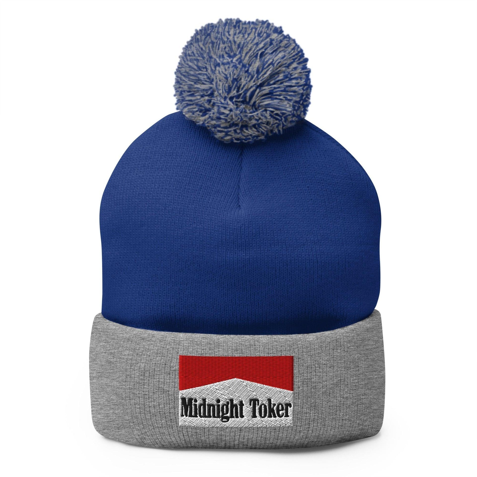 Midnight Toker Embroidered Knit Pom Pom Beanie Royal Heather Grey Beanies Capital Crowns Funny