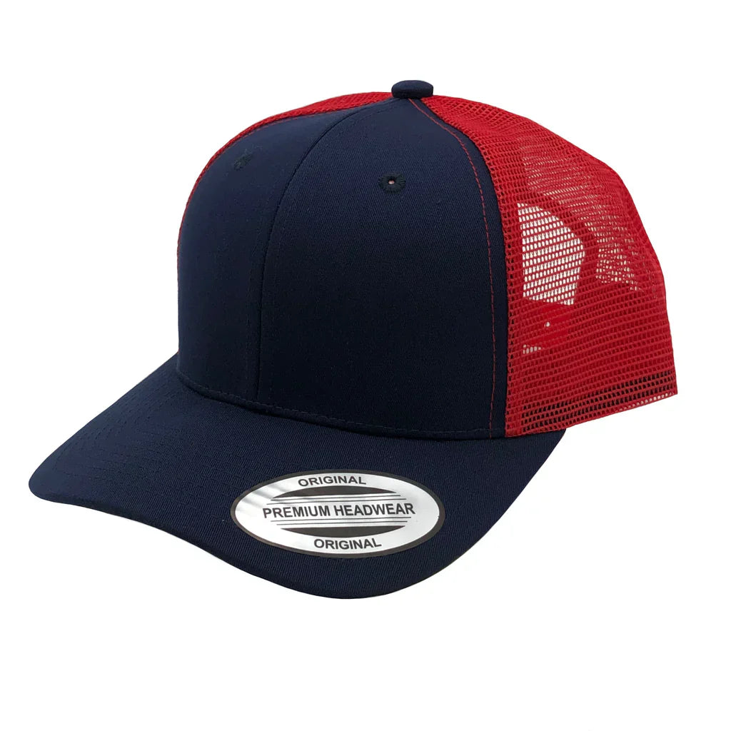 GNV-6606T - Premium Trucker Mesh Cap Navy Red ONE SIZE 6 PANELS CAP COTTON / POLYESTER CURVE headwear MESH mid profile nissi caps SNAPBACK STRUCTURED TRUCKER MESH UNISEX