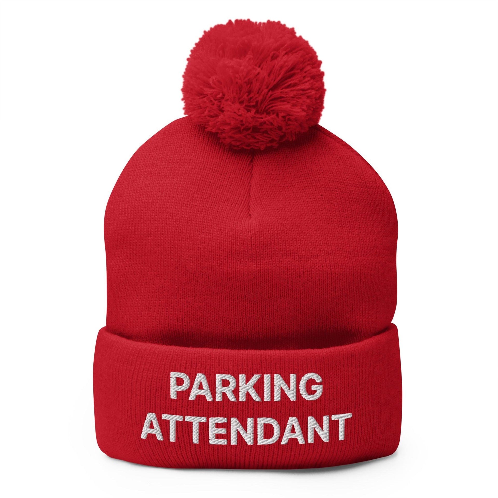 Parking Attendant Uniform Embroidered Knit Pom Pom Beanie Red Beanies Capital Crowns Work