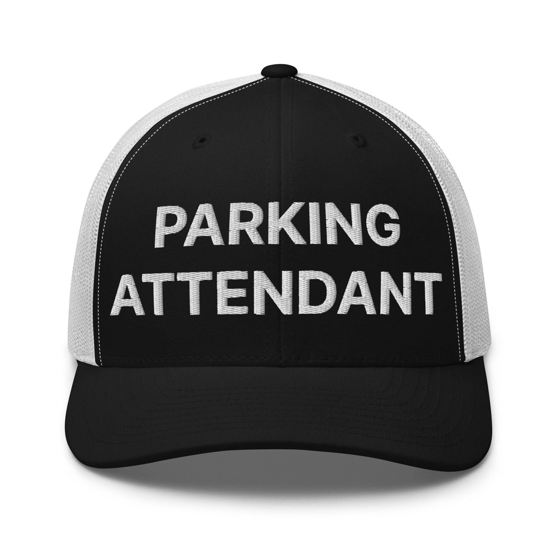 Parking Attendant Work Block Embroidered Mesh Trucker Hat Black White Capital Crowns Trucker Hats Work