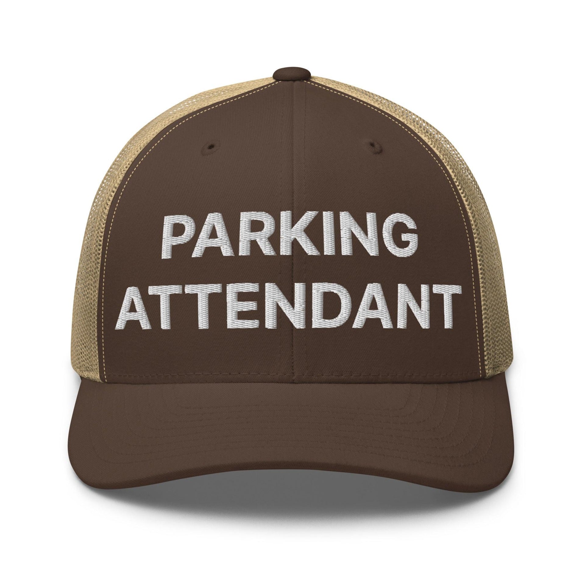 Parking Attendant Work Block Embroidered Mesh Trucker Hat Brown Khaki Capital Crowns Trucker Hats Work