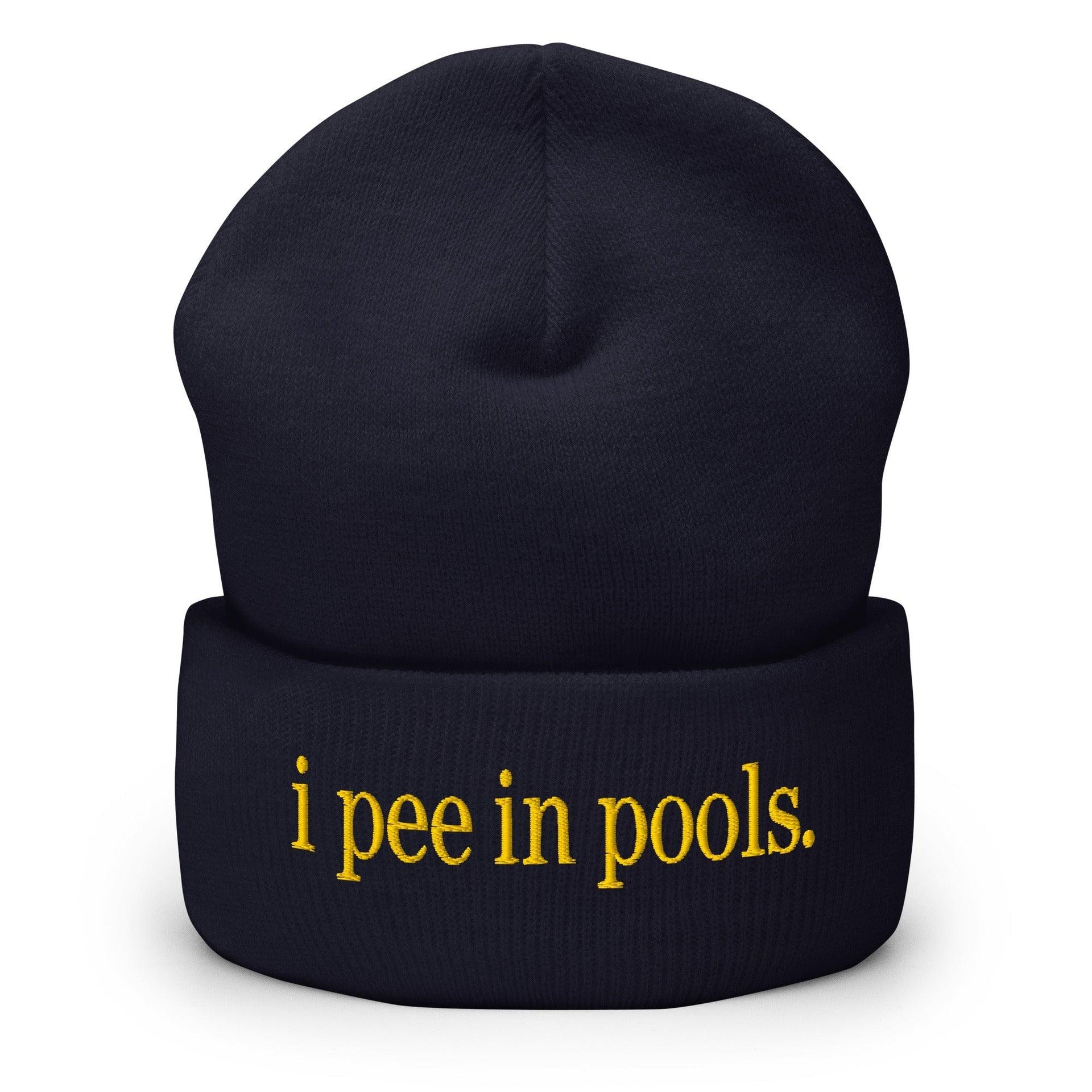I Pee in Pools Embroidered Knit Cuffed Beanie Navy Beanies Capital Crowns Funny