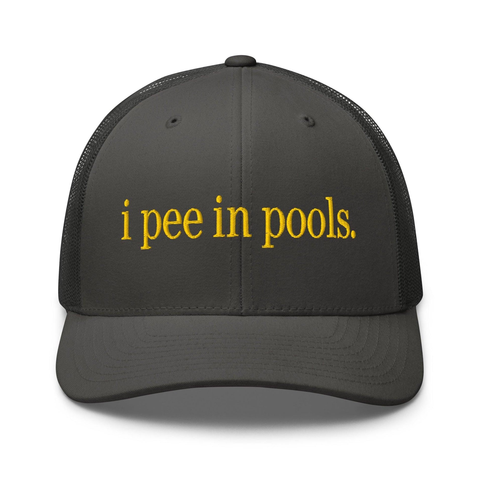 I Pee in Pools Embroidered Mesh Trucker Hat Charcoal Capital Crowns Funny Trucker Hats