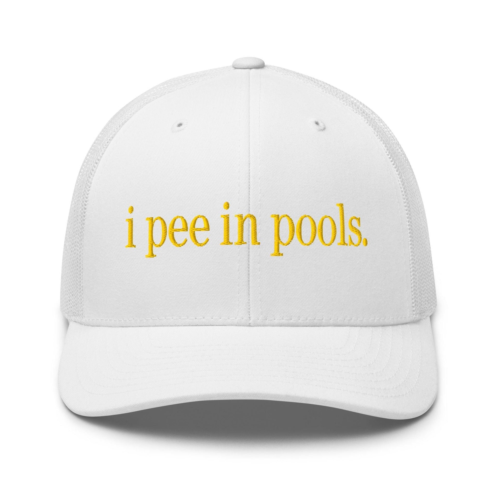 I Pee in Pools Embroidered Mesh Trucker Hat White Capital Crowns Funny Trucker Hats