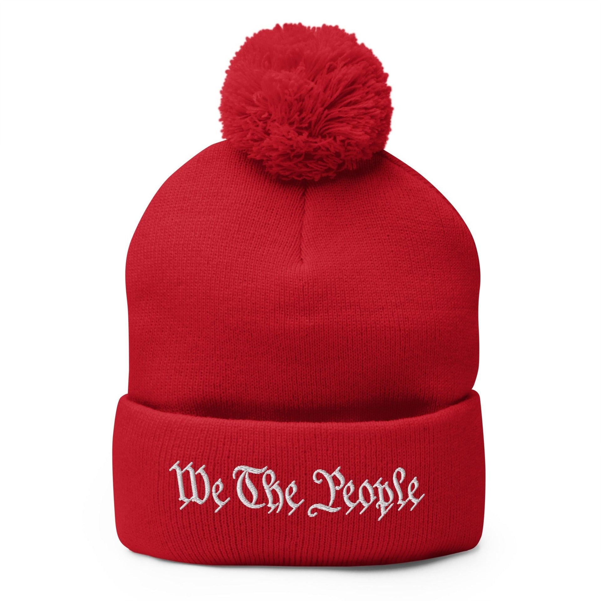 We The People Embroidered Knit Pom Pom Beanie Red Beanies Capital Crowns Conservative