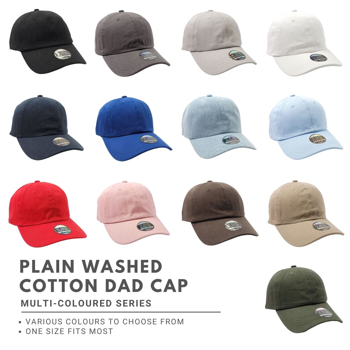 Plain Washed Cotton Dad Cap - Solid Colours, One Size Cap Dad Plain