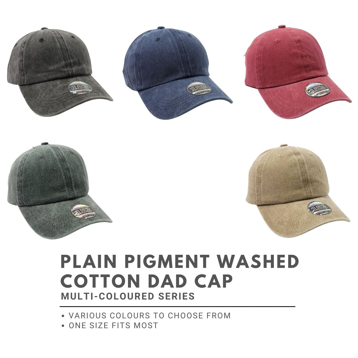 Plain Pigment Washed Cotton Dad Cap - Solid Colours, One Size Cap Dad Plain