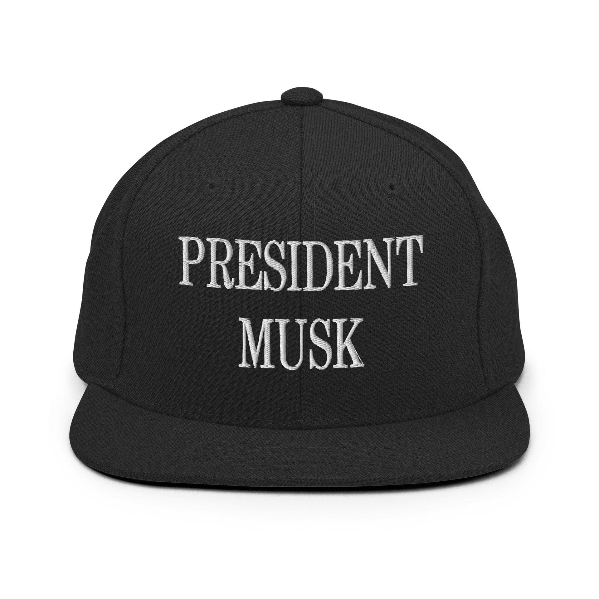 President Musk Embroidered Flat Bill Brim Snapback Hat Black Capital Crowns Conservative Snapback Hats