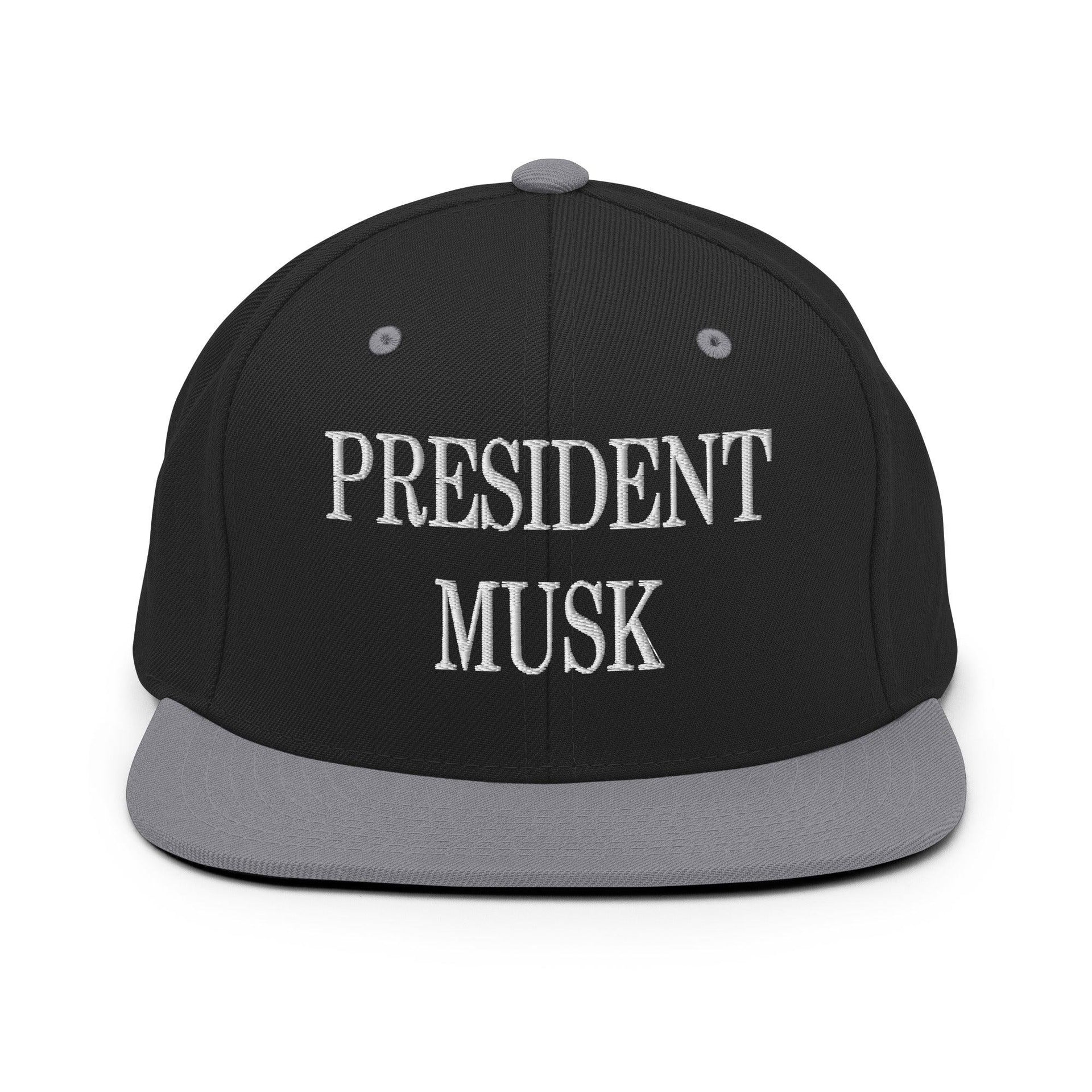 President Musk Embroidered Flat Bill Brim Snapback Hat Black Silver Capital Crowns Conservative Snapback Hats