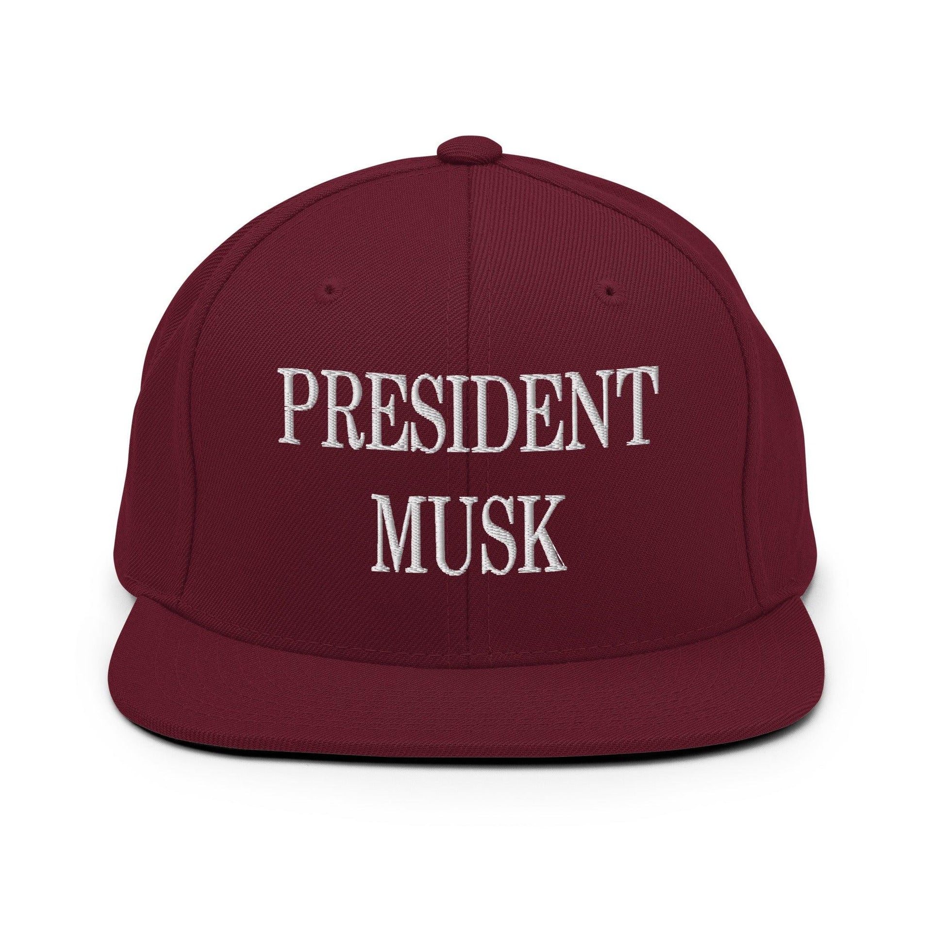 President Musk Embroidered Flat Bill Brim Snapback Hat Maroon Capital Crowns Conservative Snapback Hats