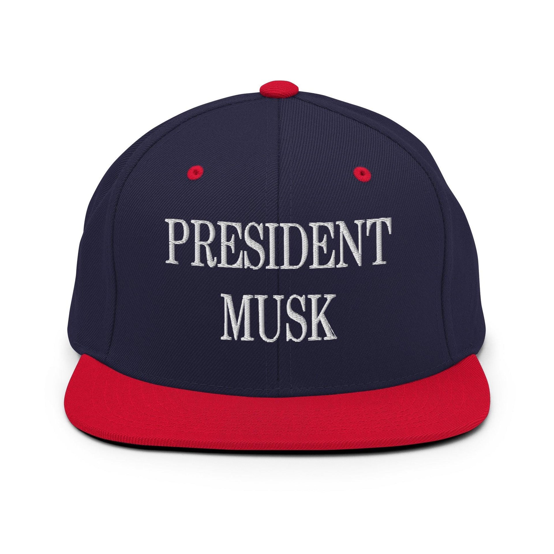 President Musk Embroidered Flat Bill Brim Snapback Hat Navy Red Capital Crowns Conservative Snapback Hats