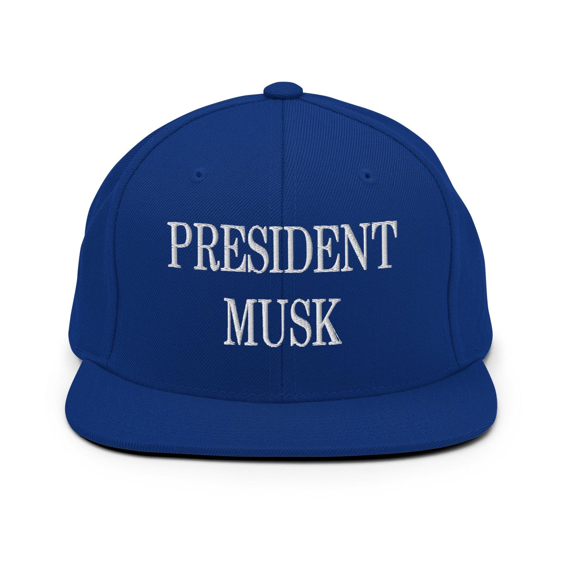 President Musk Embroidered Flat Bill Brim Snapback Hat Royal Blue Capital Crowns Conservative Snapback Hats