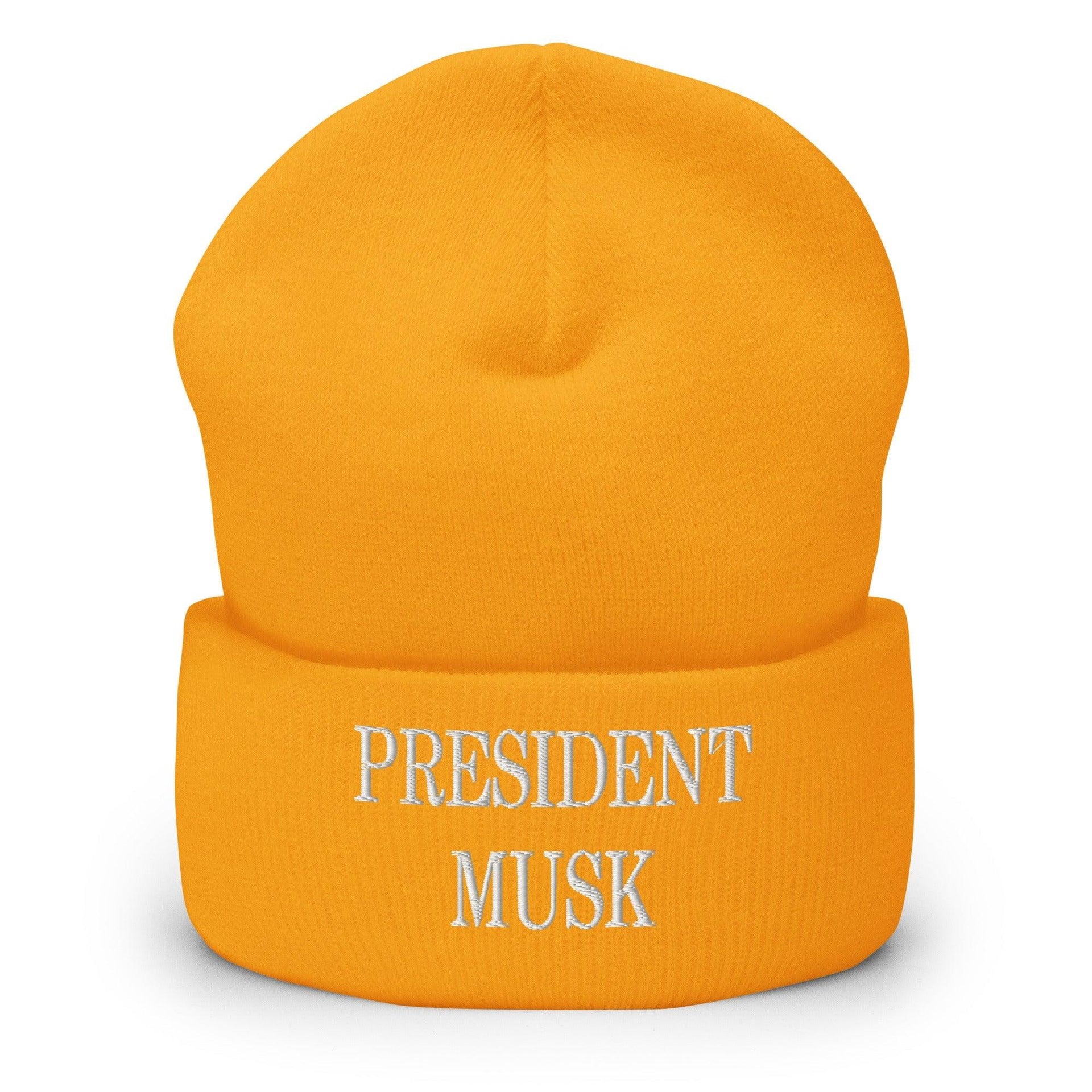 President Musk Embroidered Knit Cuffed Beanie Gold Beanies Capital Crowns Conservative