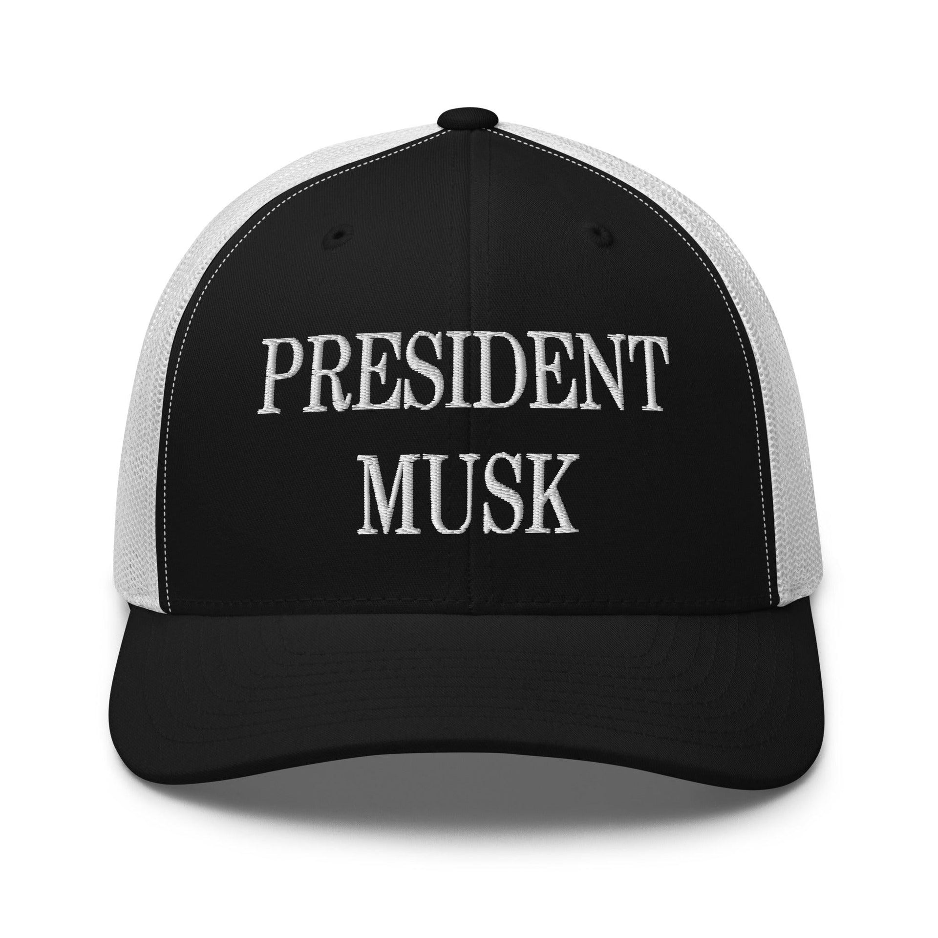 President Musk Embroidered Mesh Trucker Hat Black White Capital Crowns Conservative Trucker Hats