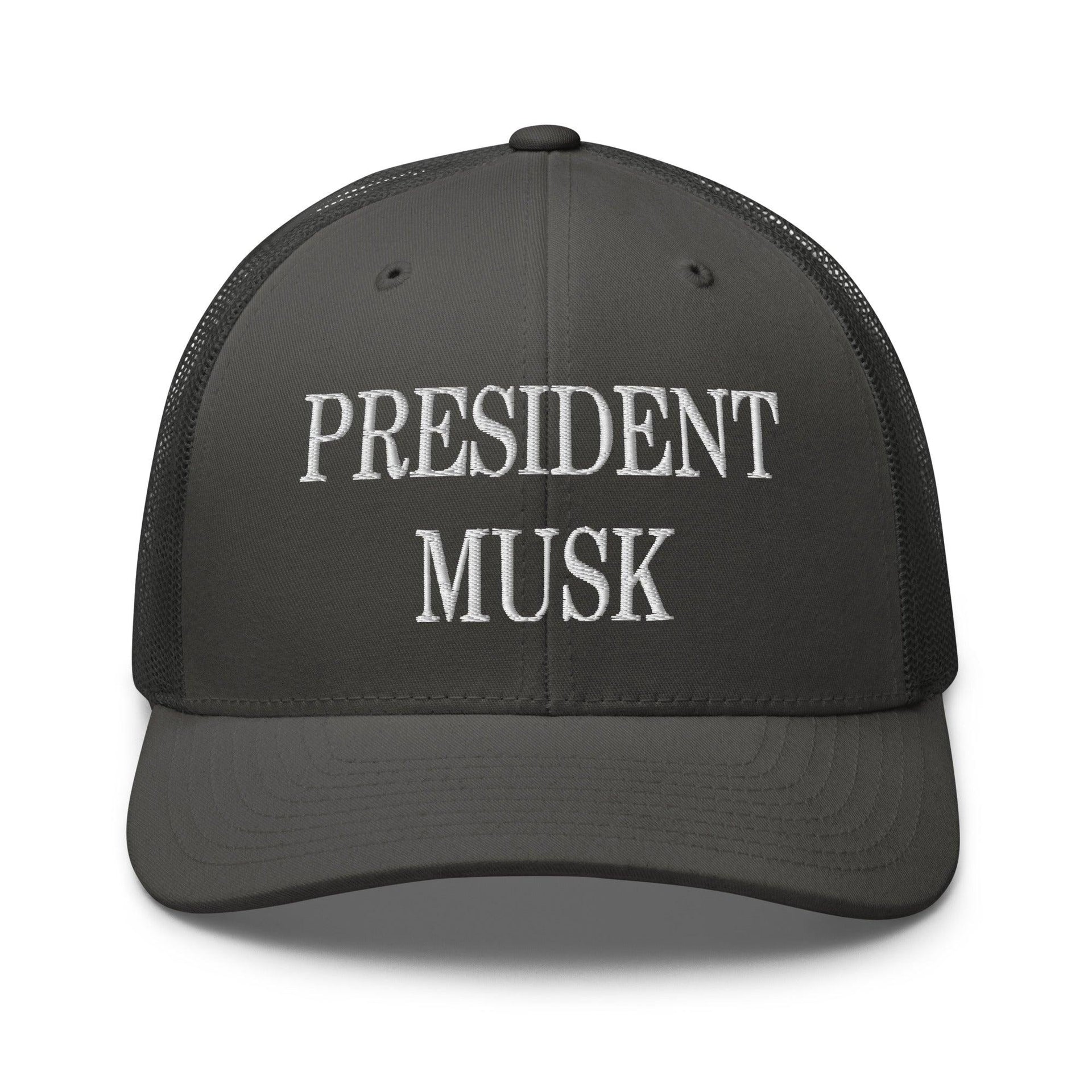 President Musk Embroidered Mesh Trucker Hat Charcoal Capital Crowns Conservative Trucker Hats