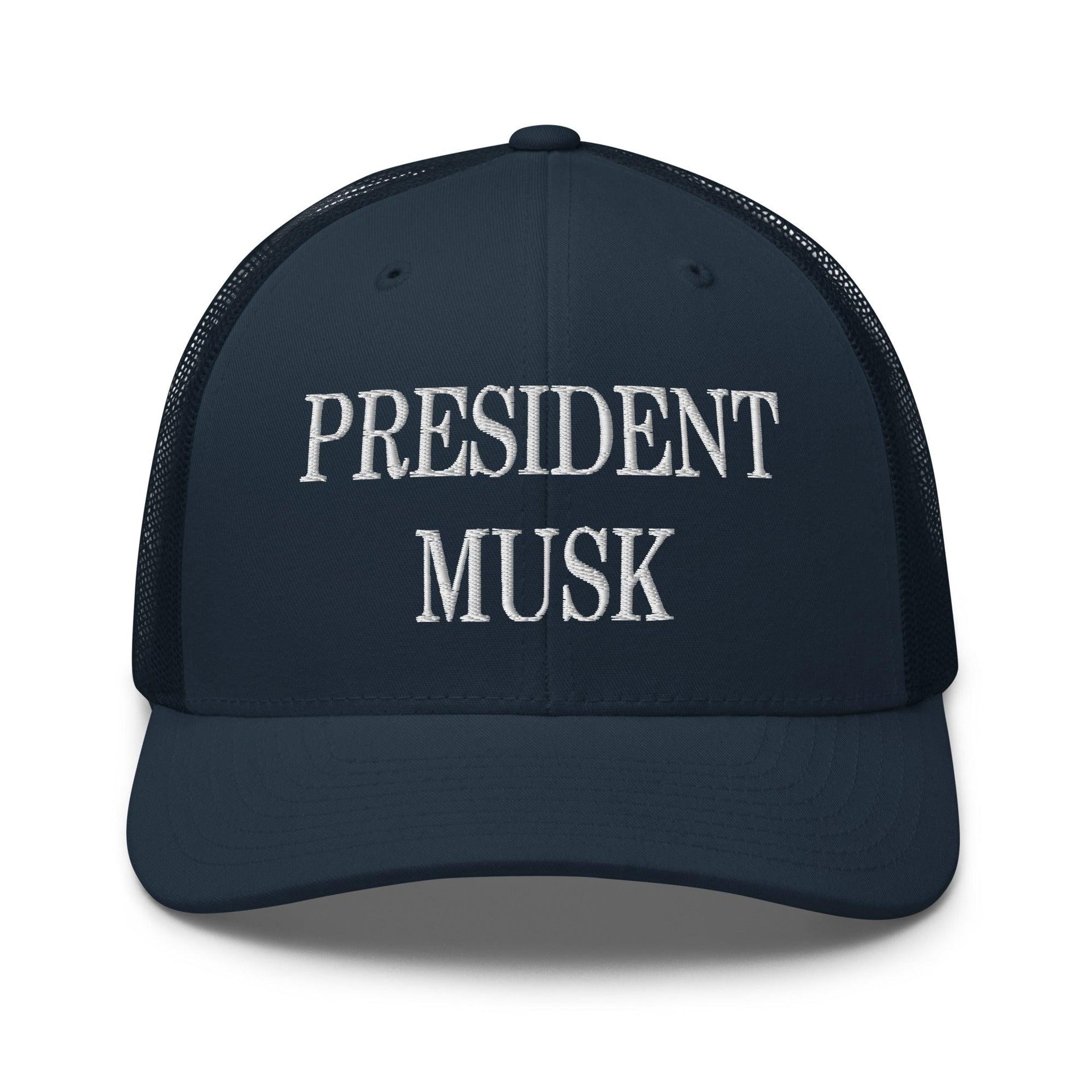 President Musk Embroidered Mesh Trucker Hat Navy Capital Crowns Conservative Trucker Hats