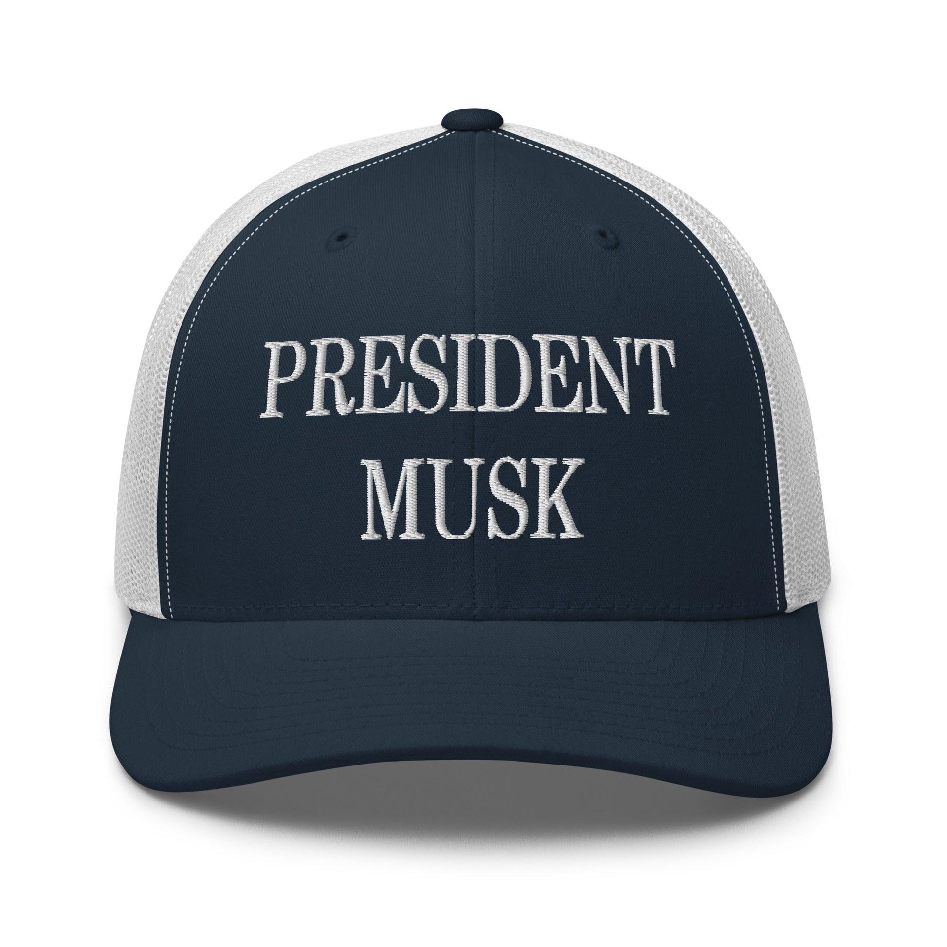President Musk Embroidered Mesh Trucker Hat Navy White Capital Crowns Conservative Trucker Hats