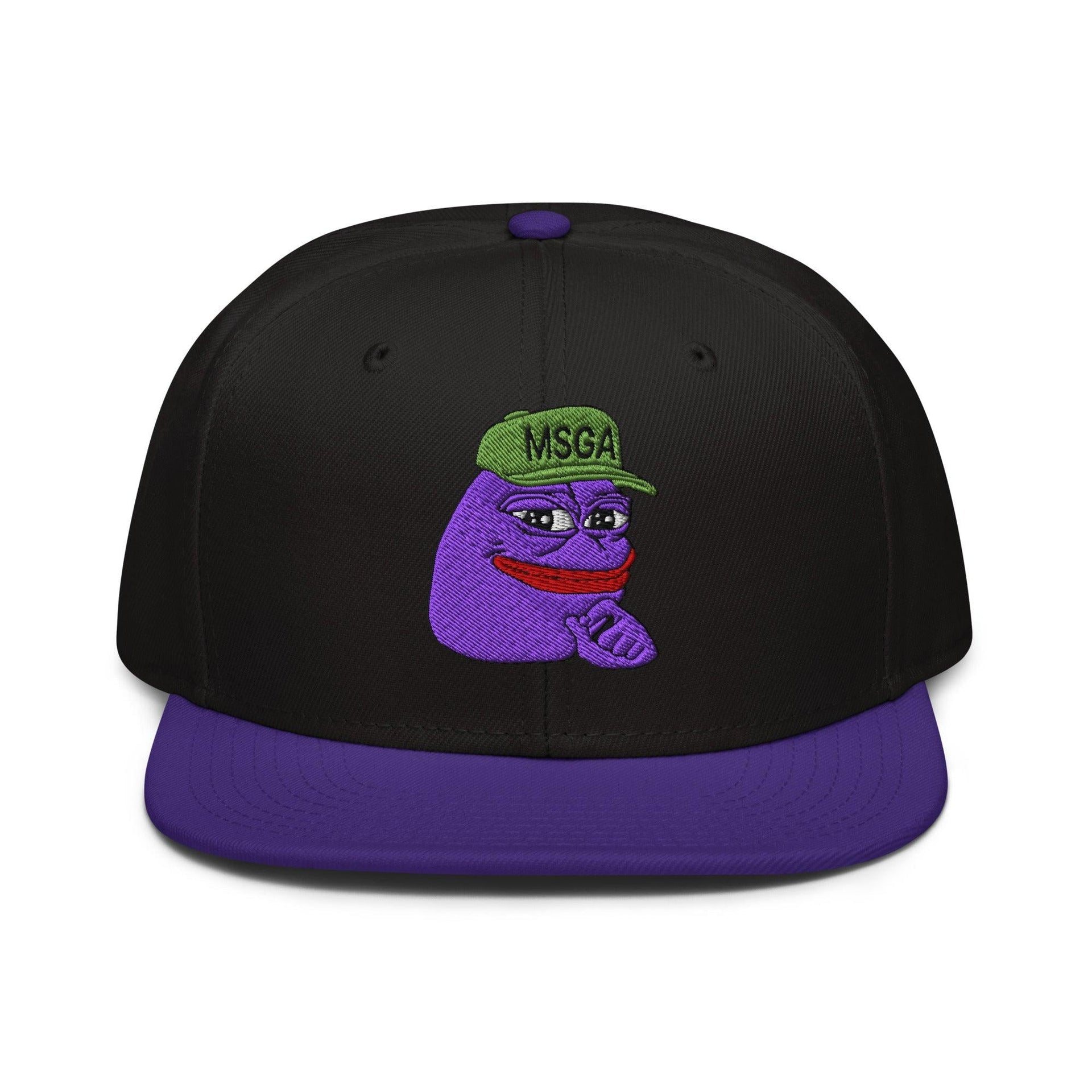 $PURPE Purple Pepe Embroidered Flat Bill Brim Snapback Hat Purple Black Black Capital Crowns Crypto Funny Snapback Hats
