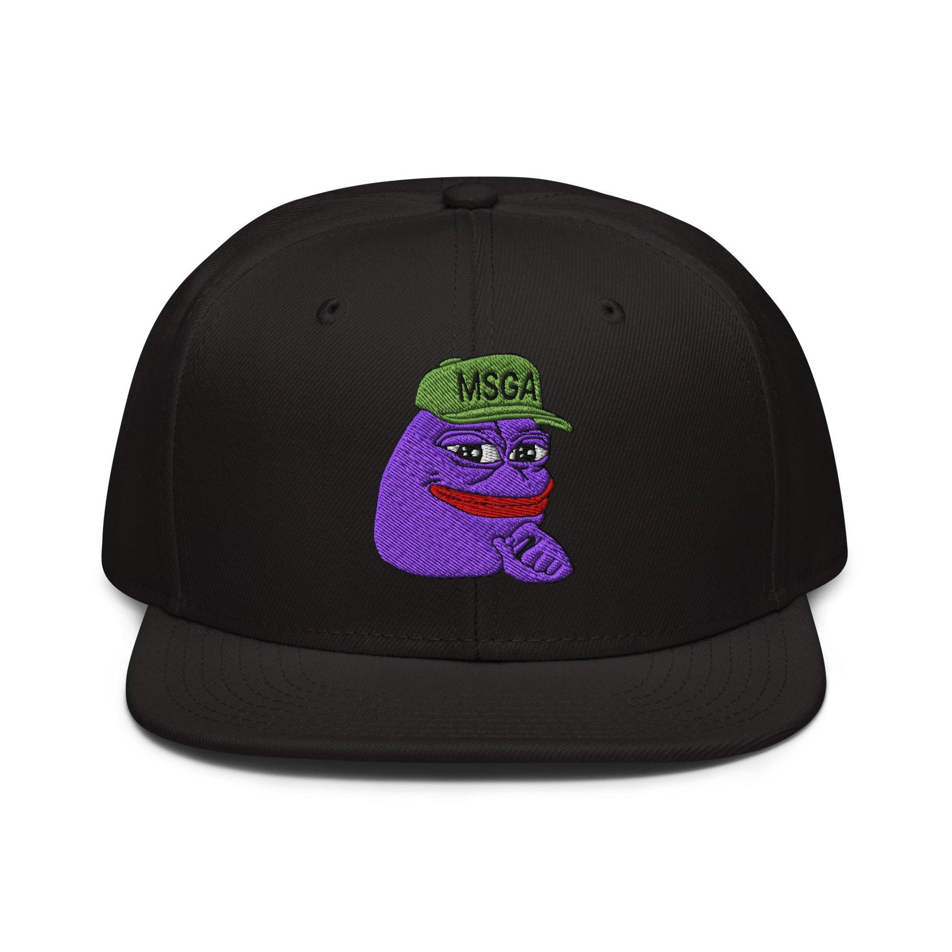 $PURPE Purple Pepe Embroidered Flat Bill Brim Snapback Hat Black Capital Crowns Crypto Funny Snapback Hats