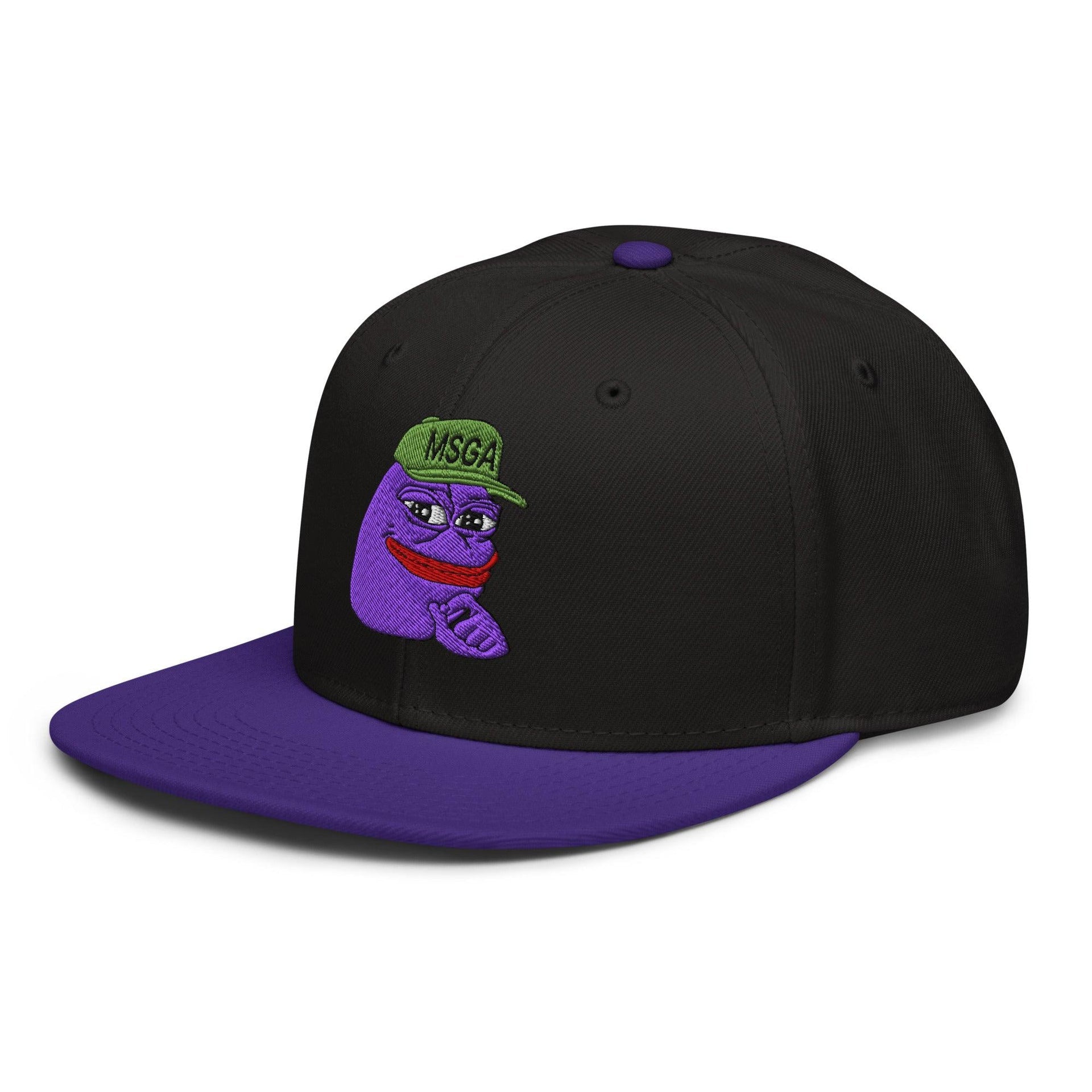 $PURPE Purple Pepe Embroidered Flat Bill Brim Snapback Hat Capital Crowns Crypto Funny Snapback Hats