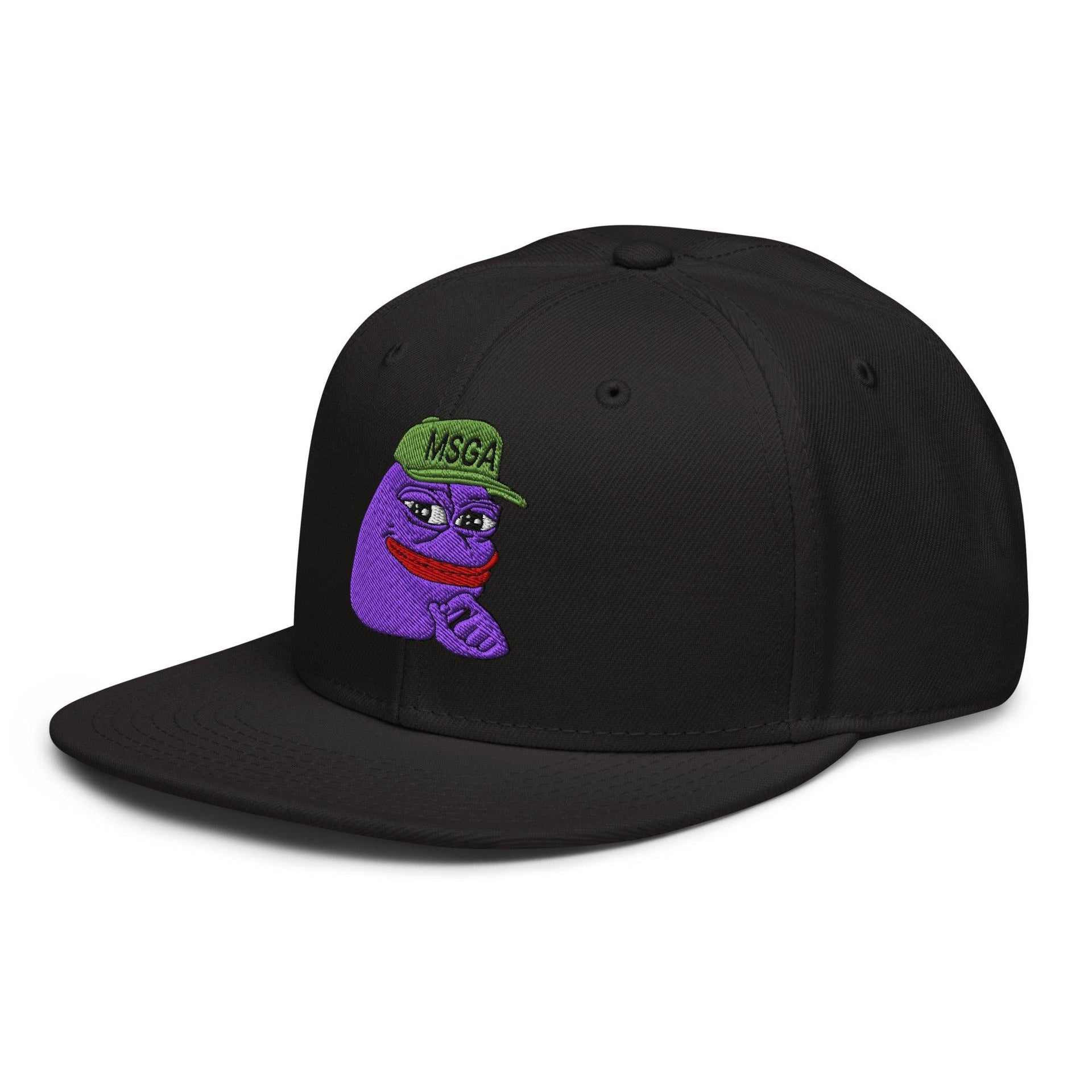 $PURPE Purple Pepe Embroidered Flat Bill Brim Snapback Hat Capital Crowns Crypto Funny Snapback Hats