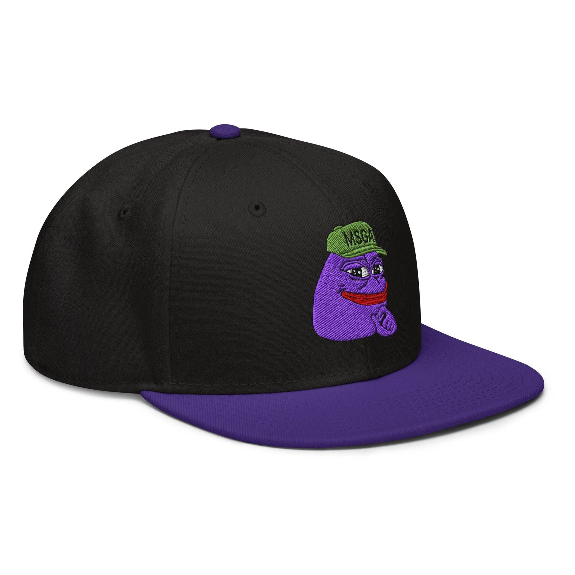 $PURPE Purple Pepe Embroidered Flat Bill Brim Snapback Hat Capital Crowns Crypto Funny Snapback Hats