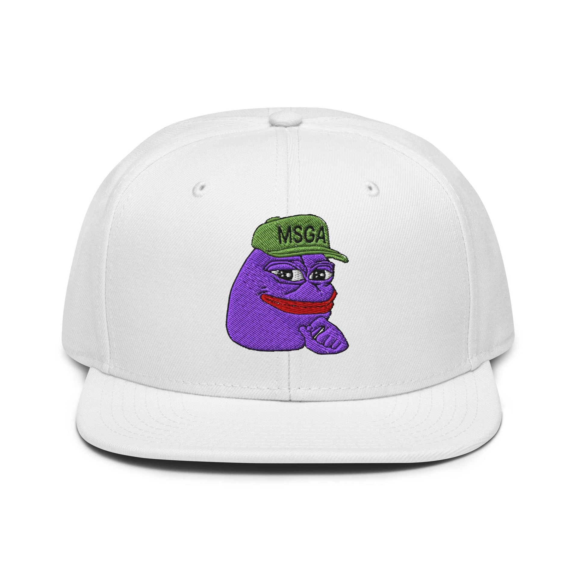 $PURPE Purple Pepe Embroidered Flat Bill Brim Snapback Hat White Capital Crowns Crypto Funny Snapback Hats