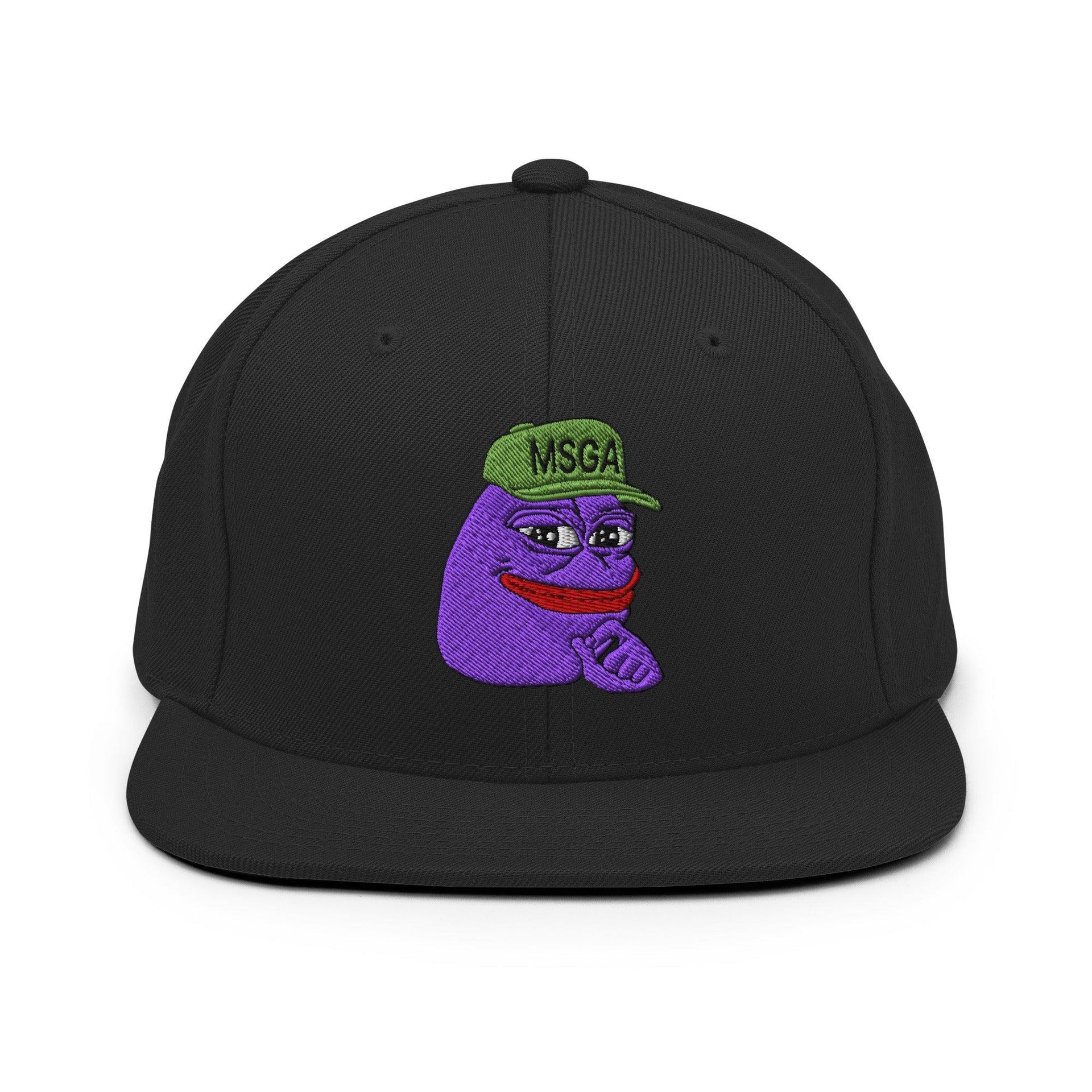 $PURPE Purple Pepe Embroidered Flat Brim Bill Snapback Hat Black Capital Crowns Crypto Funny Snapback Hats