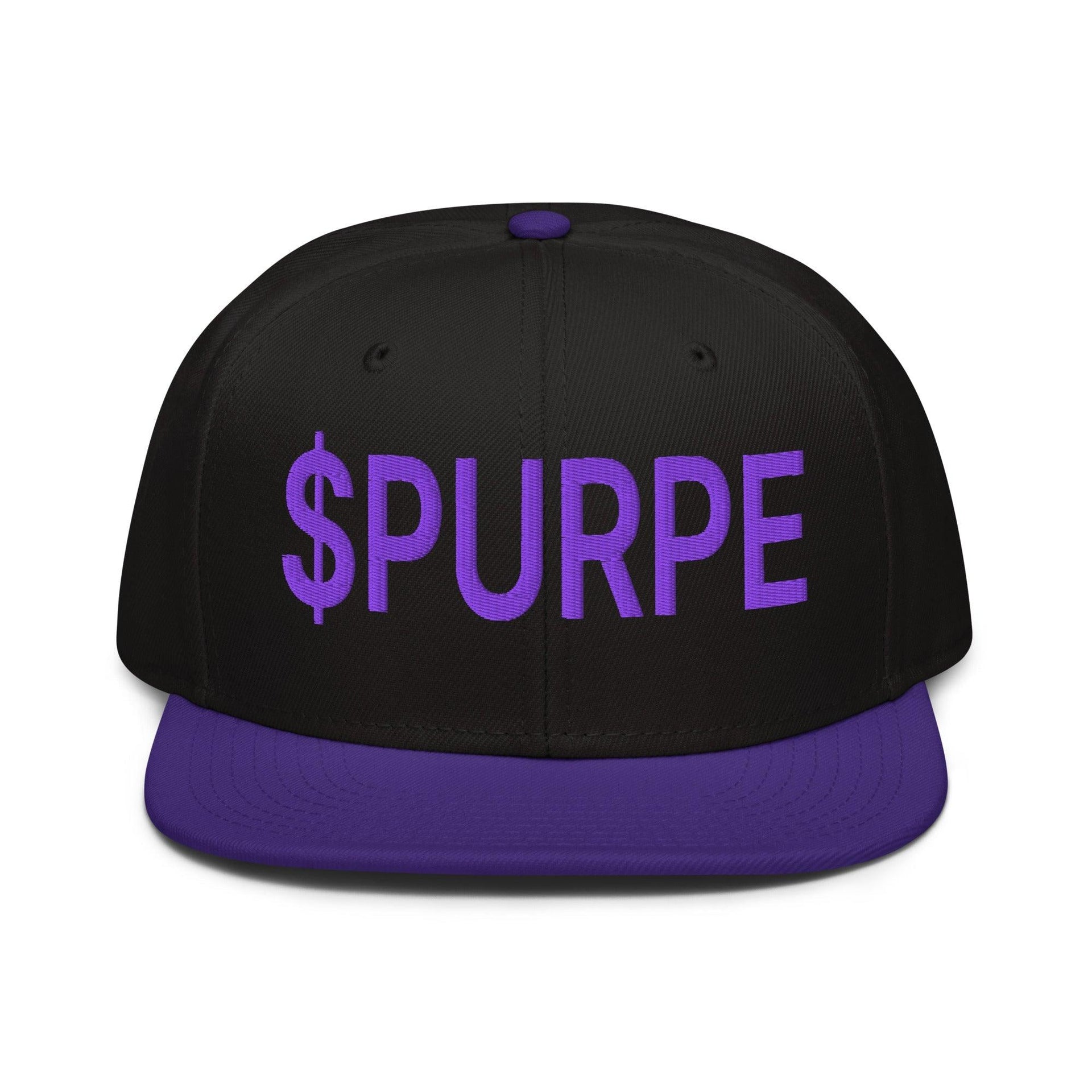 Purple Pepe $PURPE Embroidered Flat Bill Brim Snapback Hat Purple Black Black Capital Crowns Crypto Funny Snapback Hats