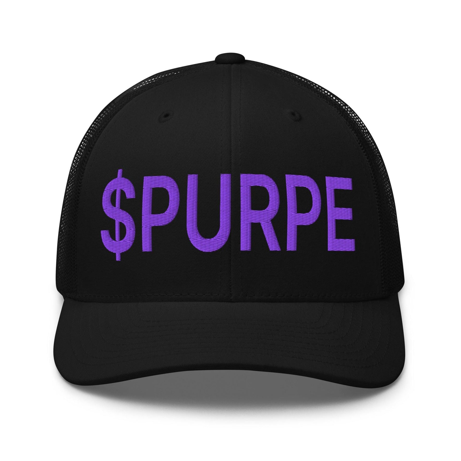 Purple Pepe $PURPE Embroidered Mesh Trucker Hat Black Capital Crowns Crypto Funny Trucker Hats