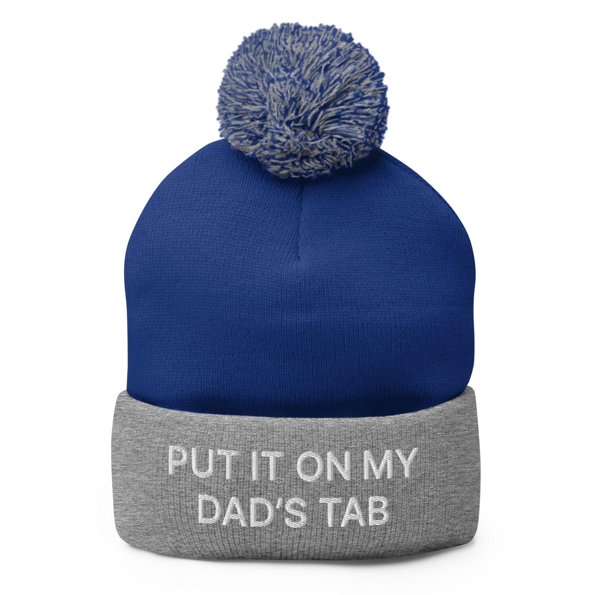 Put It on My Dad's Tab Embroidered Knit Pom Pom Beanie Royal Heather Grey Beanies Capital Crowns Funny