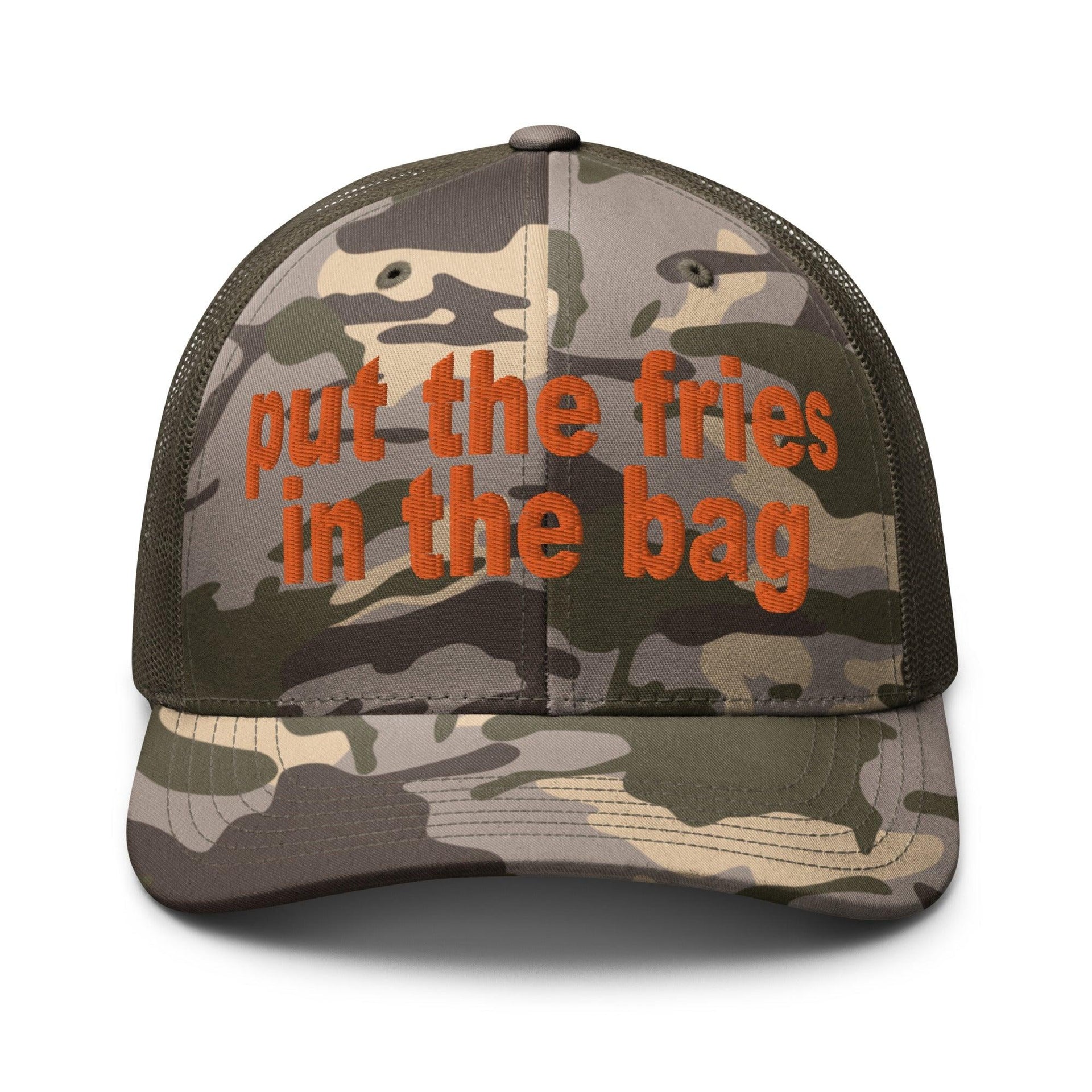 Put the Fries in the Bag Embroidered Orange Camo Trucker Hat Camo Olive Capital Crowns Funny Orange Camo Trucker Hats