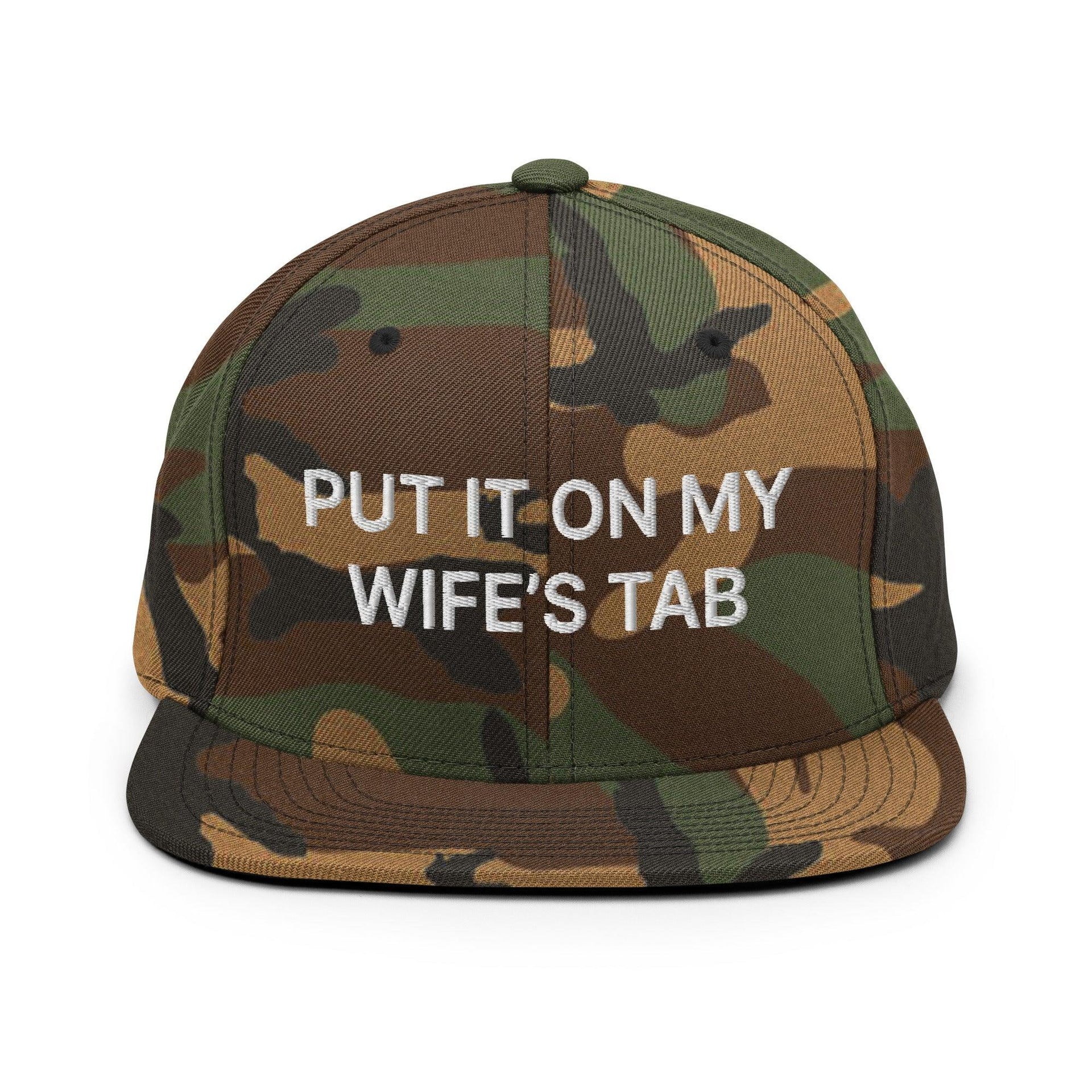 Put It on My Wife's Tab Embroidered Flat Bill Brim Snapback Hat Green Camo Capital Crowns Funny Snapback Hats