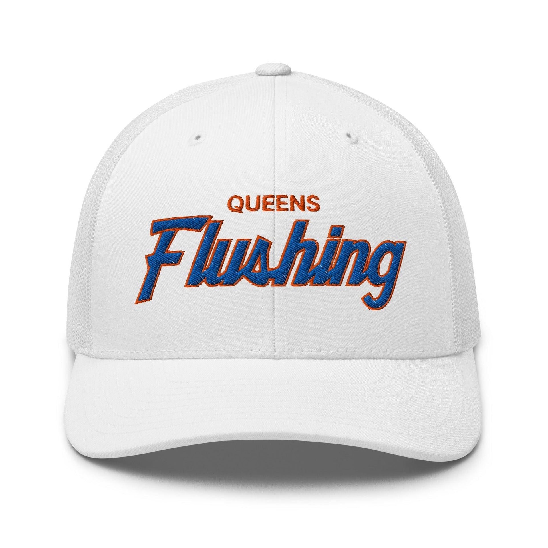 Queens Flushing NYC Vintage Sports Script Embroidered Mesh Trucker Hat Default Title Capital Crowns New York City NY NYC Trucker Hats