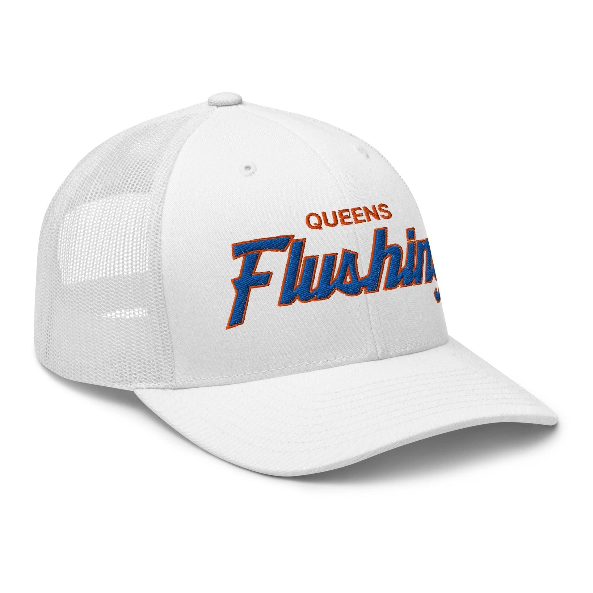 Queens Flushing NYC Vintage Sports Script Embroidered Mesh Trucker Hat Capital Crowns New York City NY NYC Trucker Hats