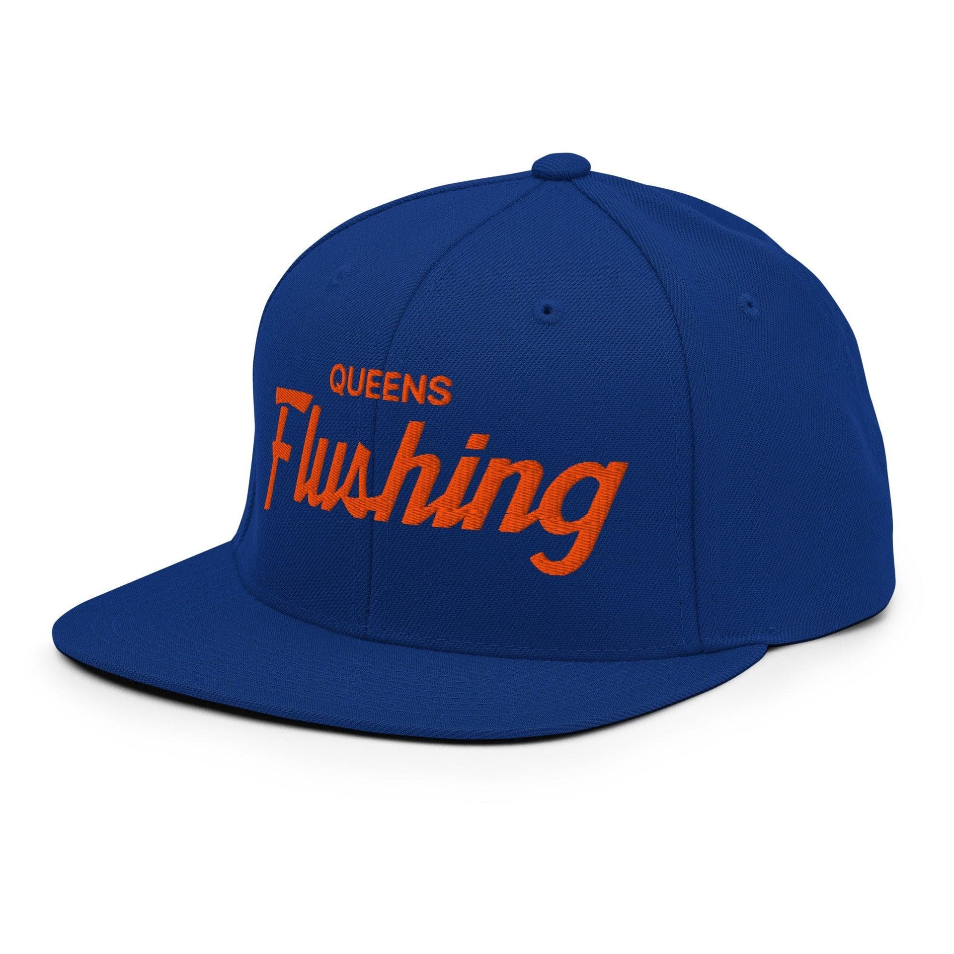 Queens Flushing NYC Vintage Sports Script Flat Bill Brim Snapback Hat Capital Crowns New York City NY NYC Snapback Hats