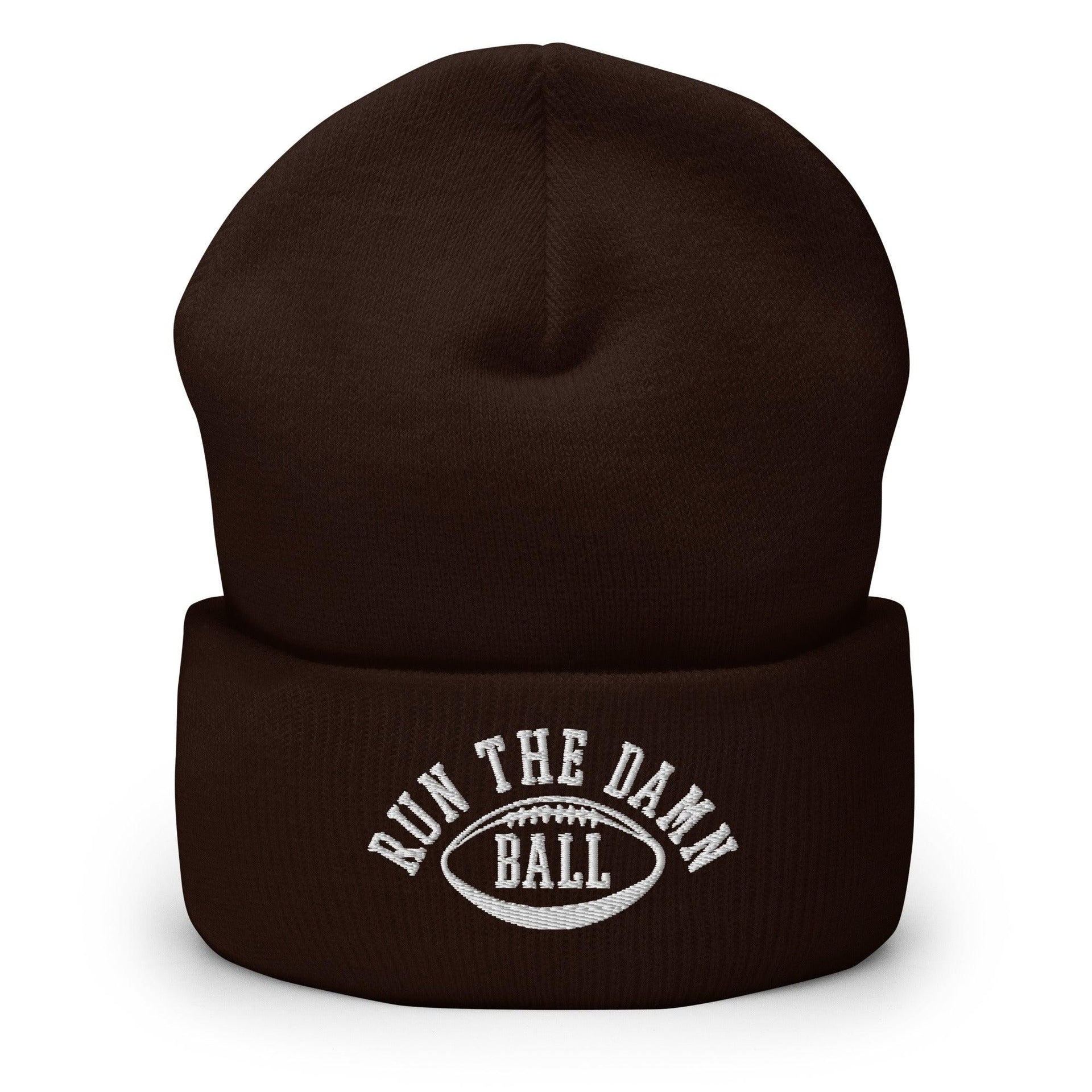 Run The Damn Ball Embroidered Knit Cuffed Beanie Brown Beanies Capital Crowns Football