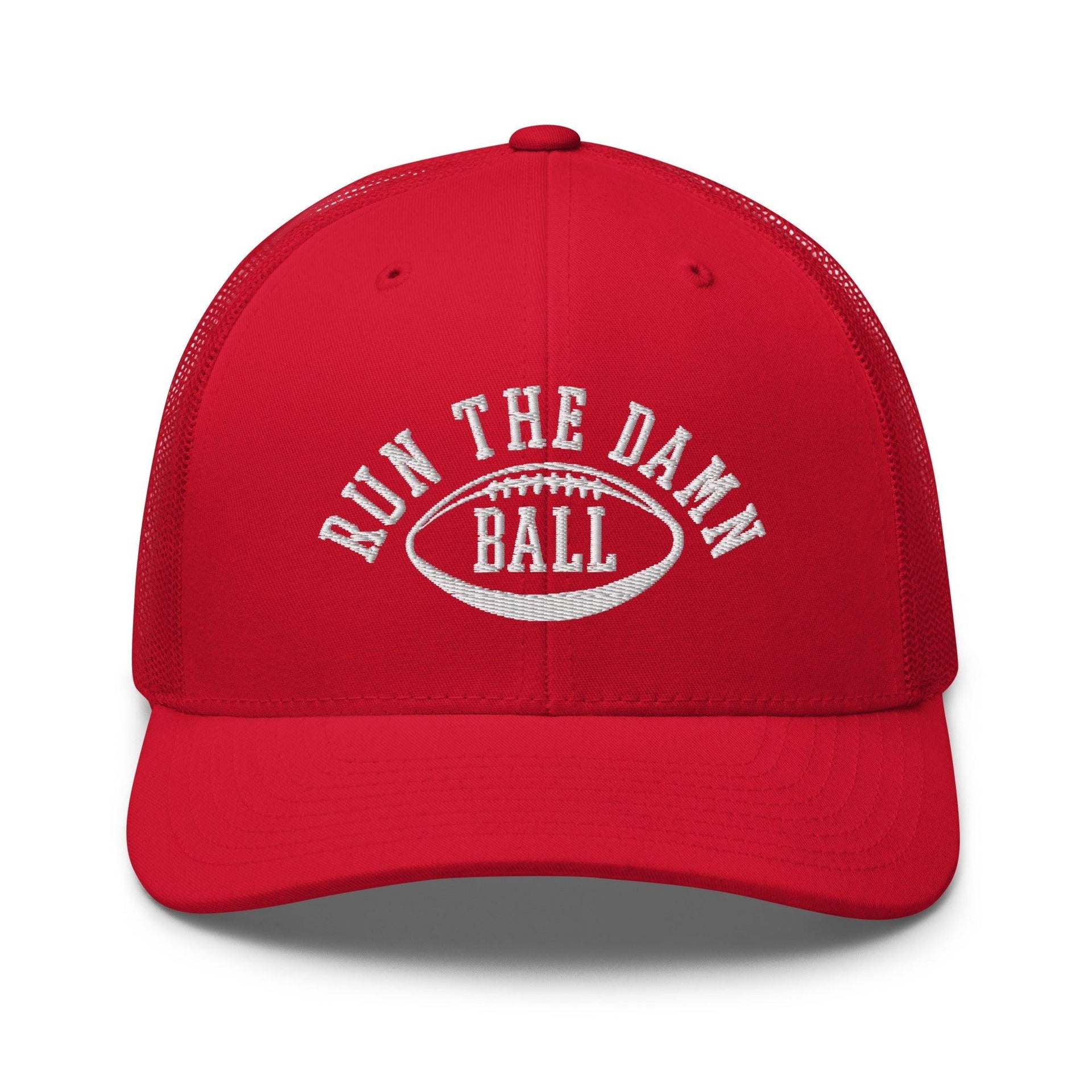Run The Damn Ball Embroidered Mesh Trucker Hat Red Capital Crowns Football Trucker Hats