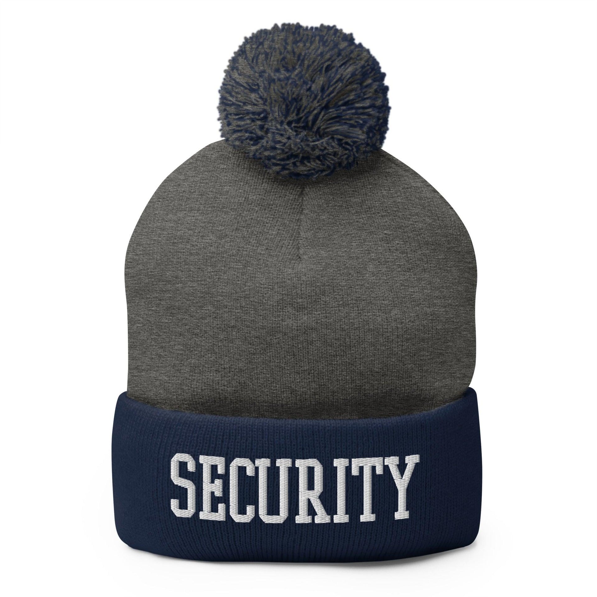 Security Uniform Work Block Embroidered Knit Pom Pom Beanie Dark Heather Grey Navy Beanies Capital Crowns Security Work