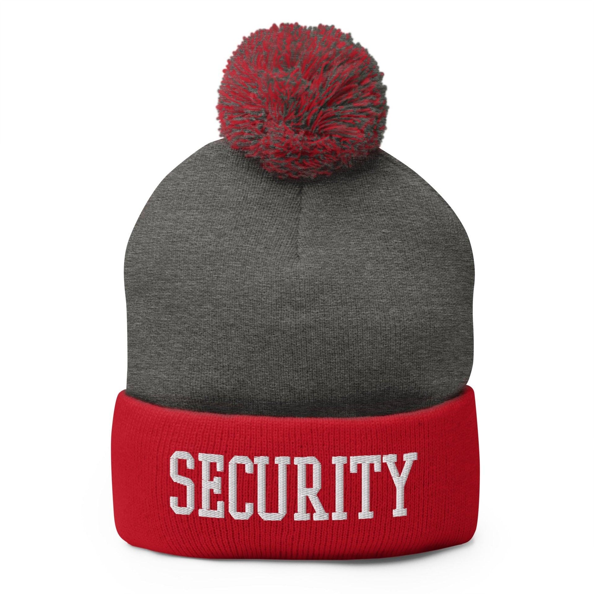 Security Uniform Work Block Embroidered Knit Pom Pom Beanie Dark Heather Grey Red Beanies Capital Crowns Security Work