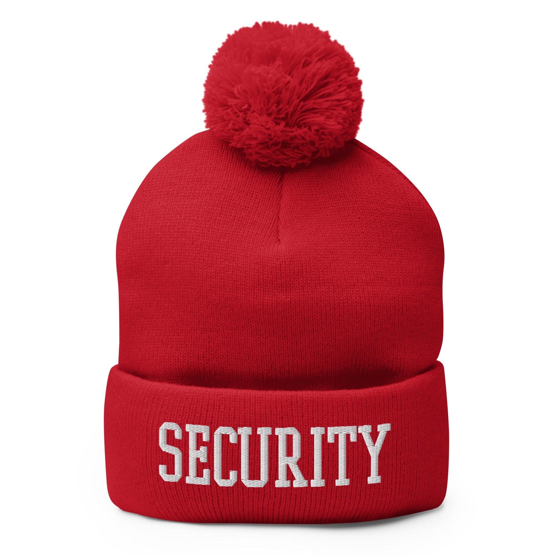 Security Uniform Work Block Embroidered Knit Pom Pom Beanie Red Beanies Capital Crowns Security Work