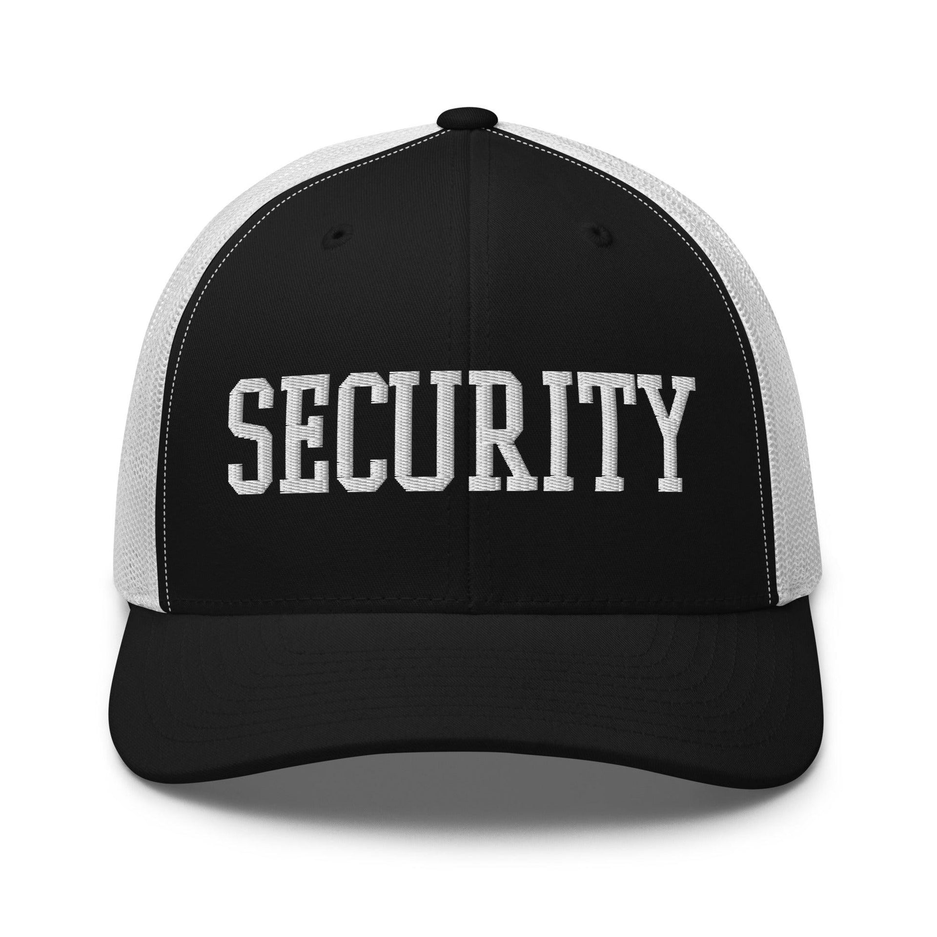 Security Uniform Work Block Embroidered Mesh Trucker Hat Black White Capital Crowns Security Trucker Hats Work
