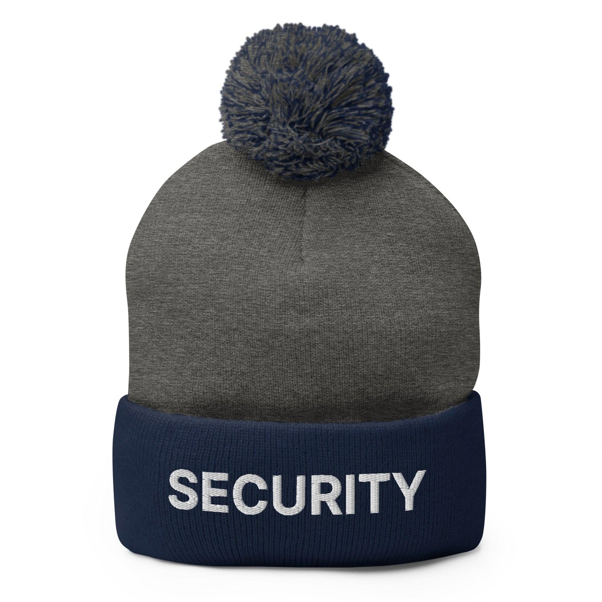 Security Uniform Work Embroidered Knit Pom Pom Beanie Dark Heather Grey Navy Beanies Capital Crowns Security Work