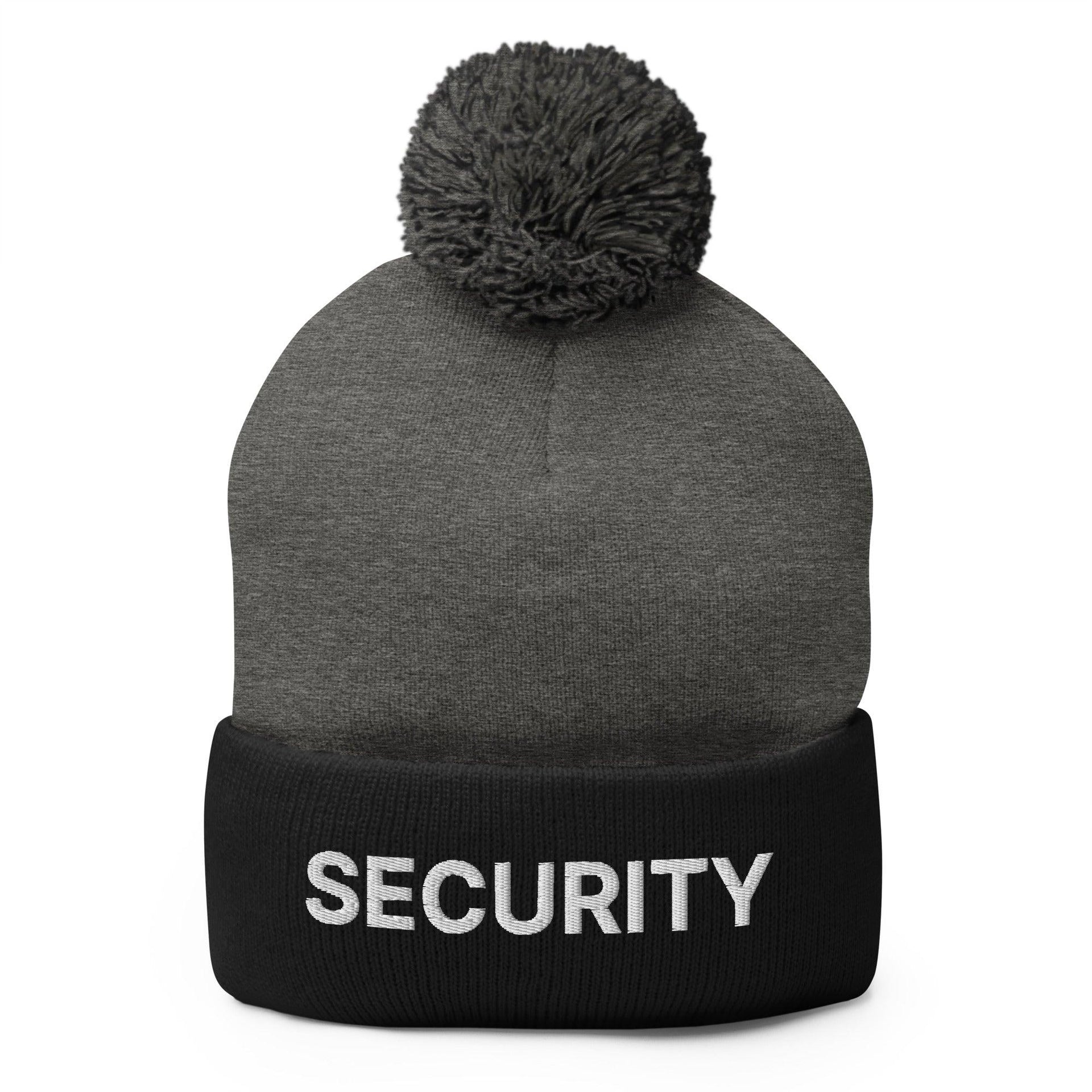 Security Uniform Work Embroidered Knit Pom Pom Beanie Dark Heather Grey Black Beanies Capital Crowns Security Work