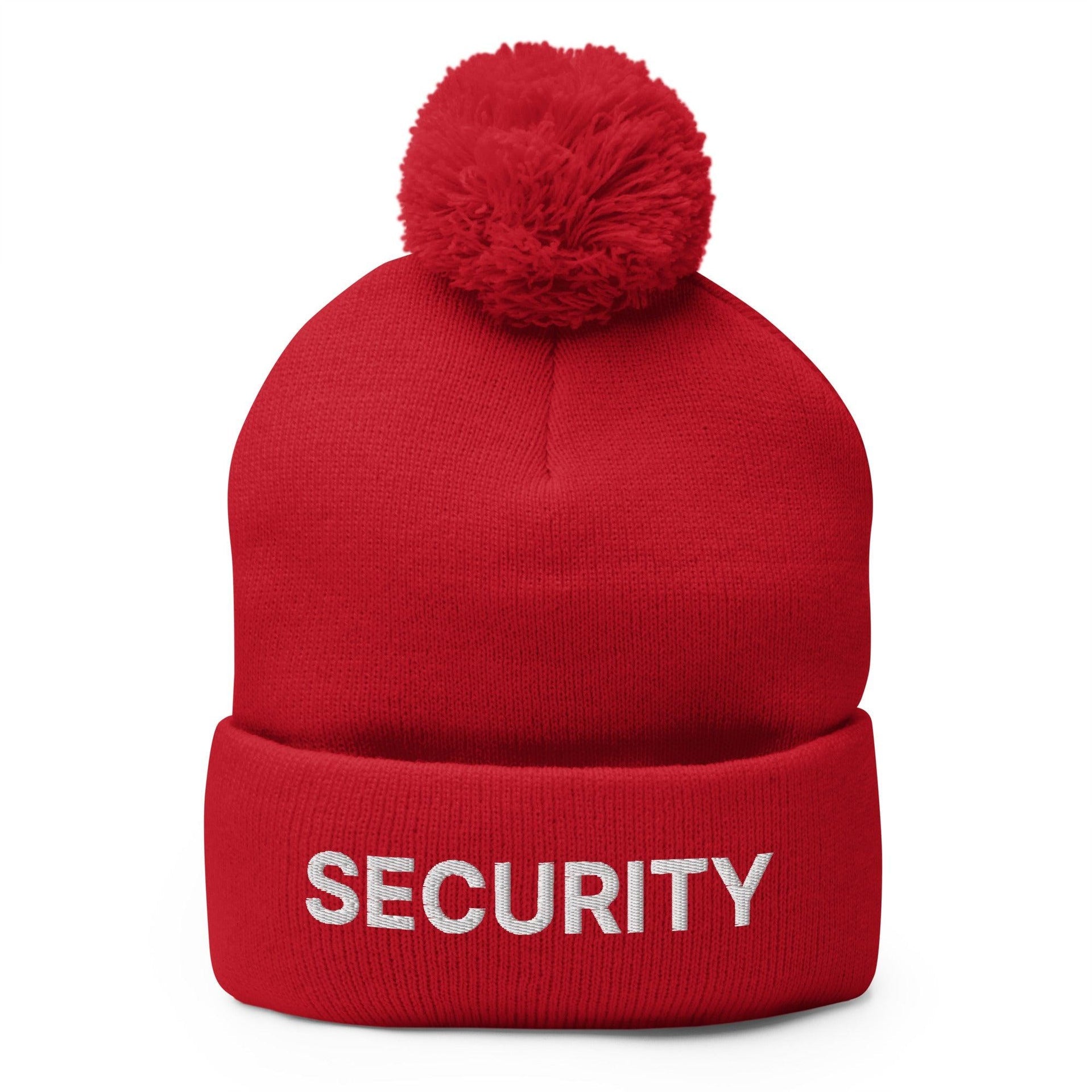 Security Uniform Work Embroidered Knit Pom Pom Beanie Red Beanies Capital Crowns Security Work