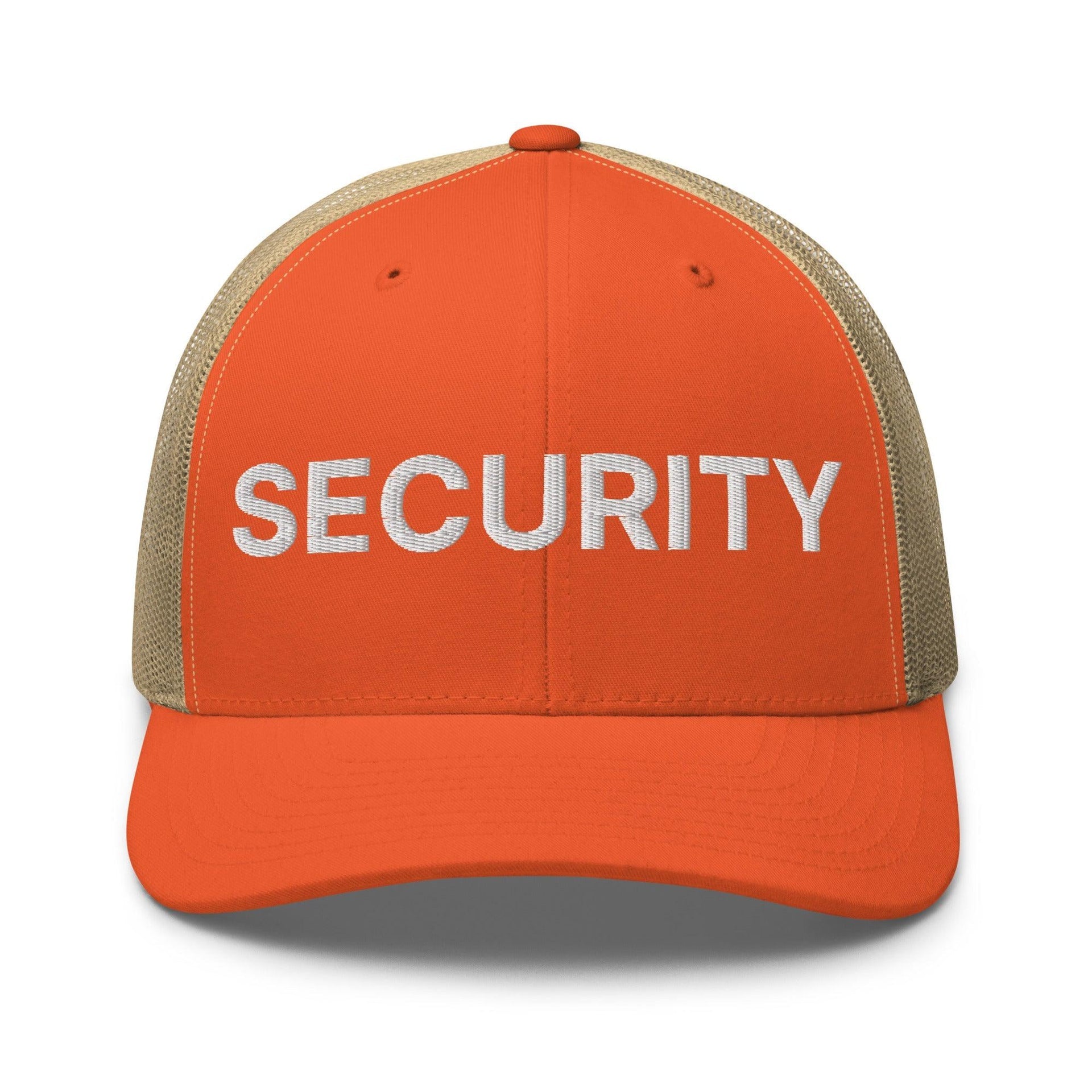 Security Uniform Work Embroidered Mesh Trucker Hat Rustic Orange Khaki Capital Crowns Security Trucker Hats Work