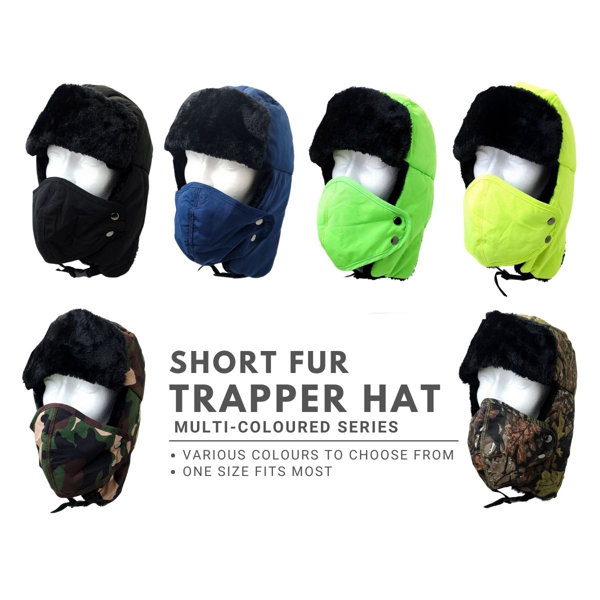 Trapper Hat- Short Fur with Detachable Mask - Multi-Coloured Dozen Special Mix&Match