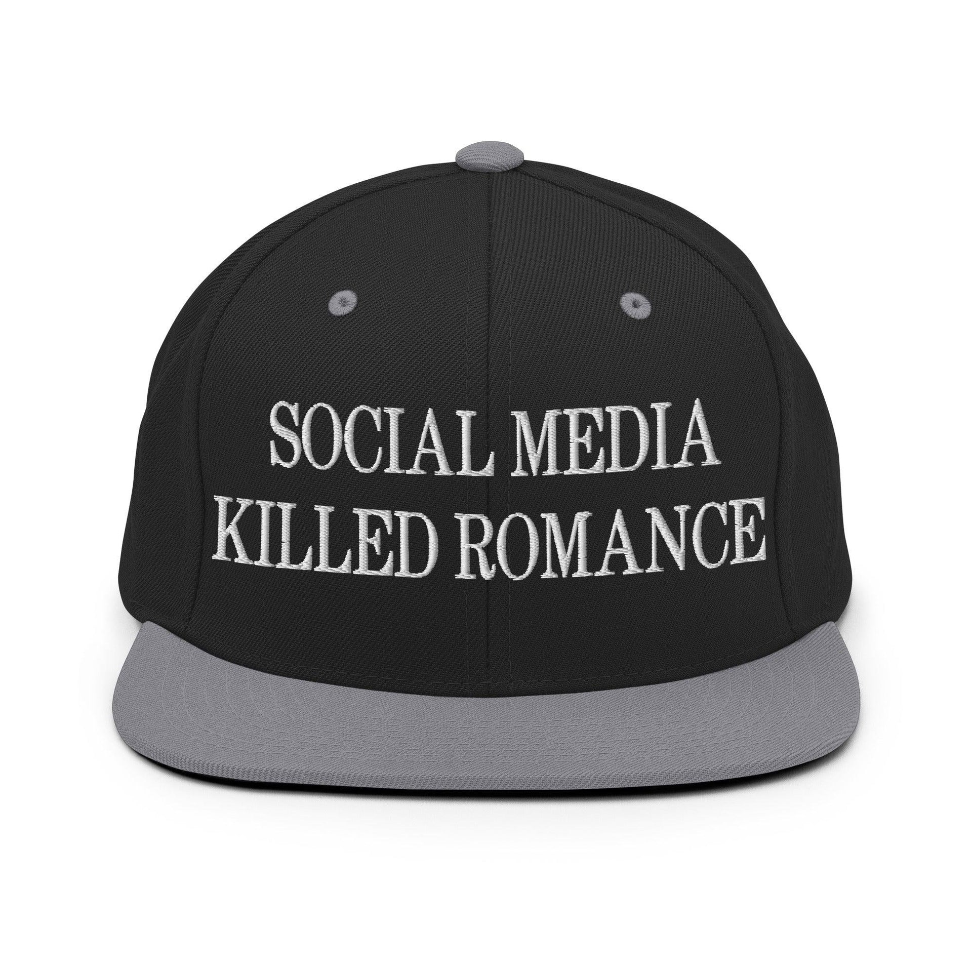 Social Media Killed Romance Flat Bill Brim Snapback Hat Black Silver Capital Crowns Funny Snapback Hats